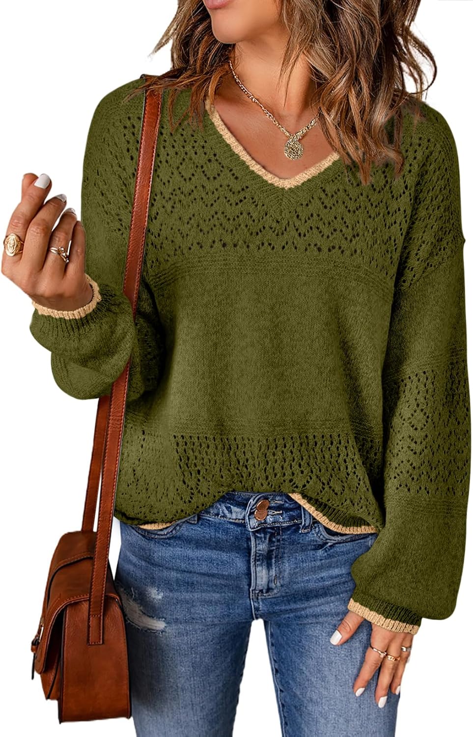 Womens Sweaters Causal Long Sleeve V Neck Lightweight Corchet Pullover Sweater Tops
