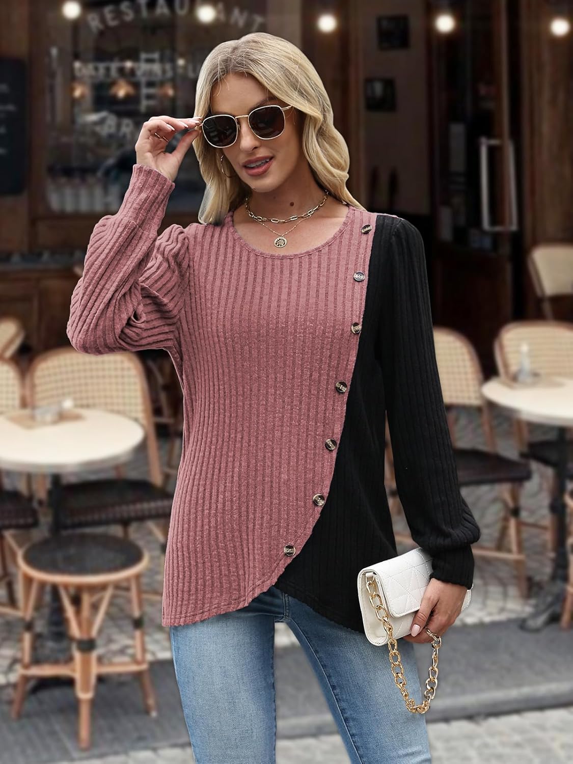 MixShe Womens Knit Sweaters 2025 Fall Winter Casual Long Sleeve Ribbed Colorblock Button Pullover Tops