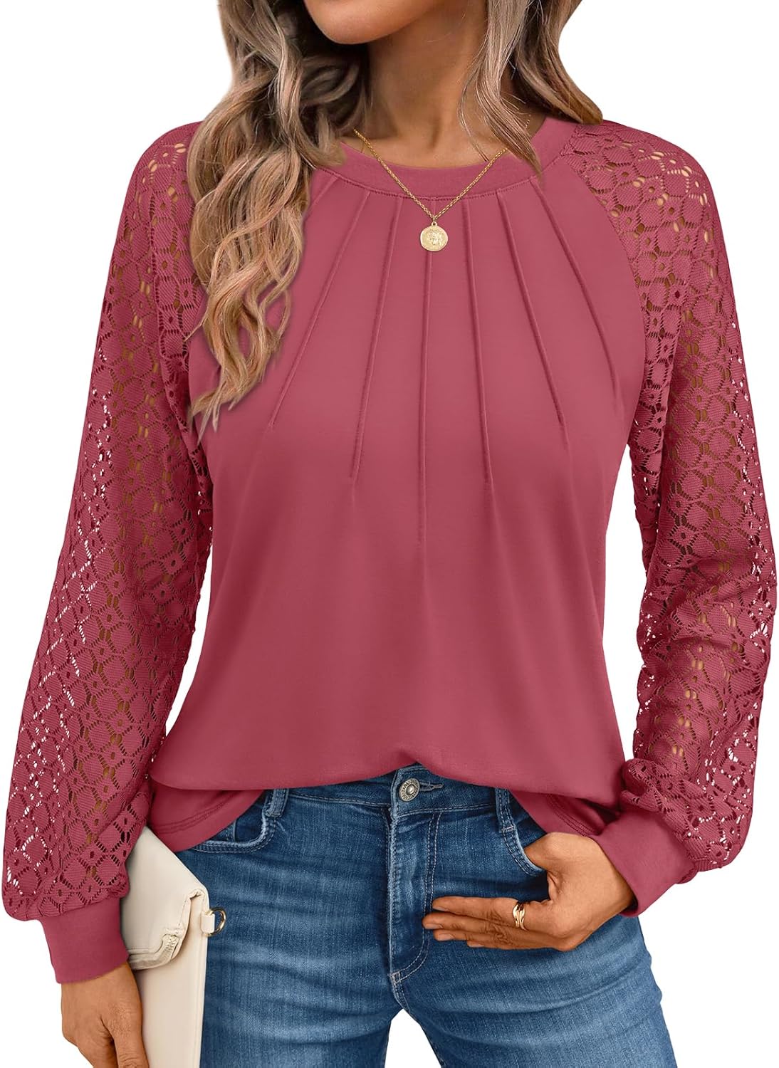 AUTOMET Womens Long Sleeve Shirts Pleated Lace Tops Fall Fashion Outfits Business Casual Blouses