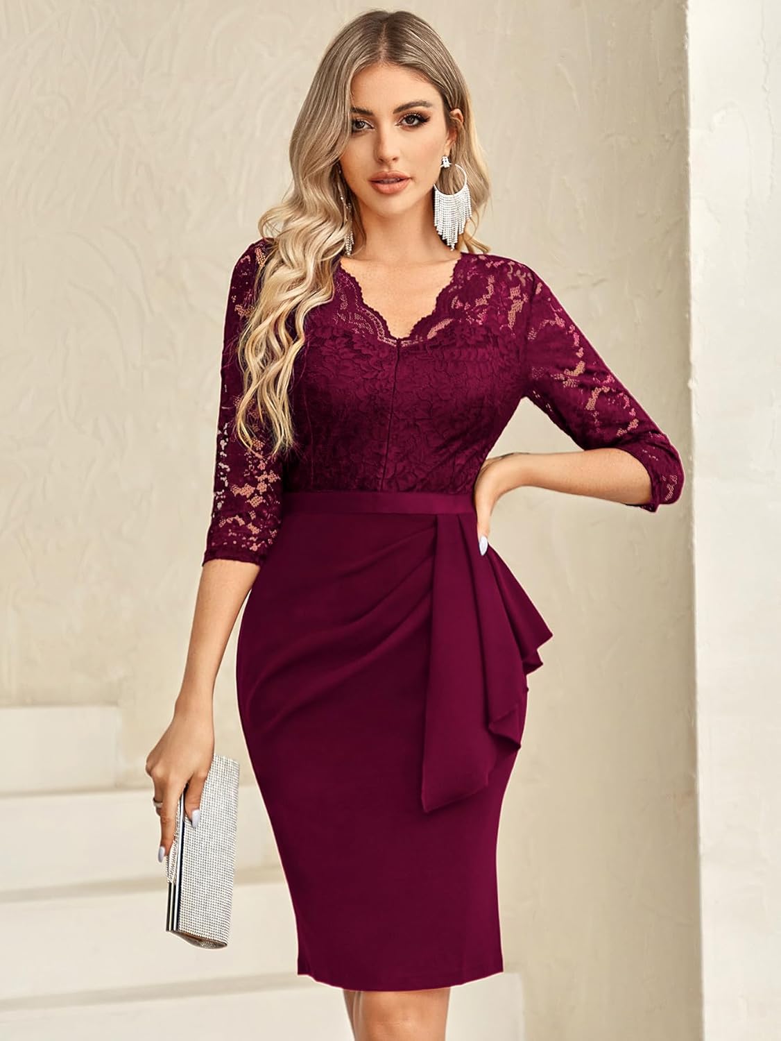 Miusol Women's Retro V Neck Floral Lace Ruffle Style Cocktail Party Dress