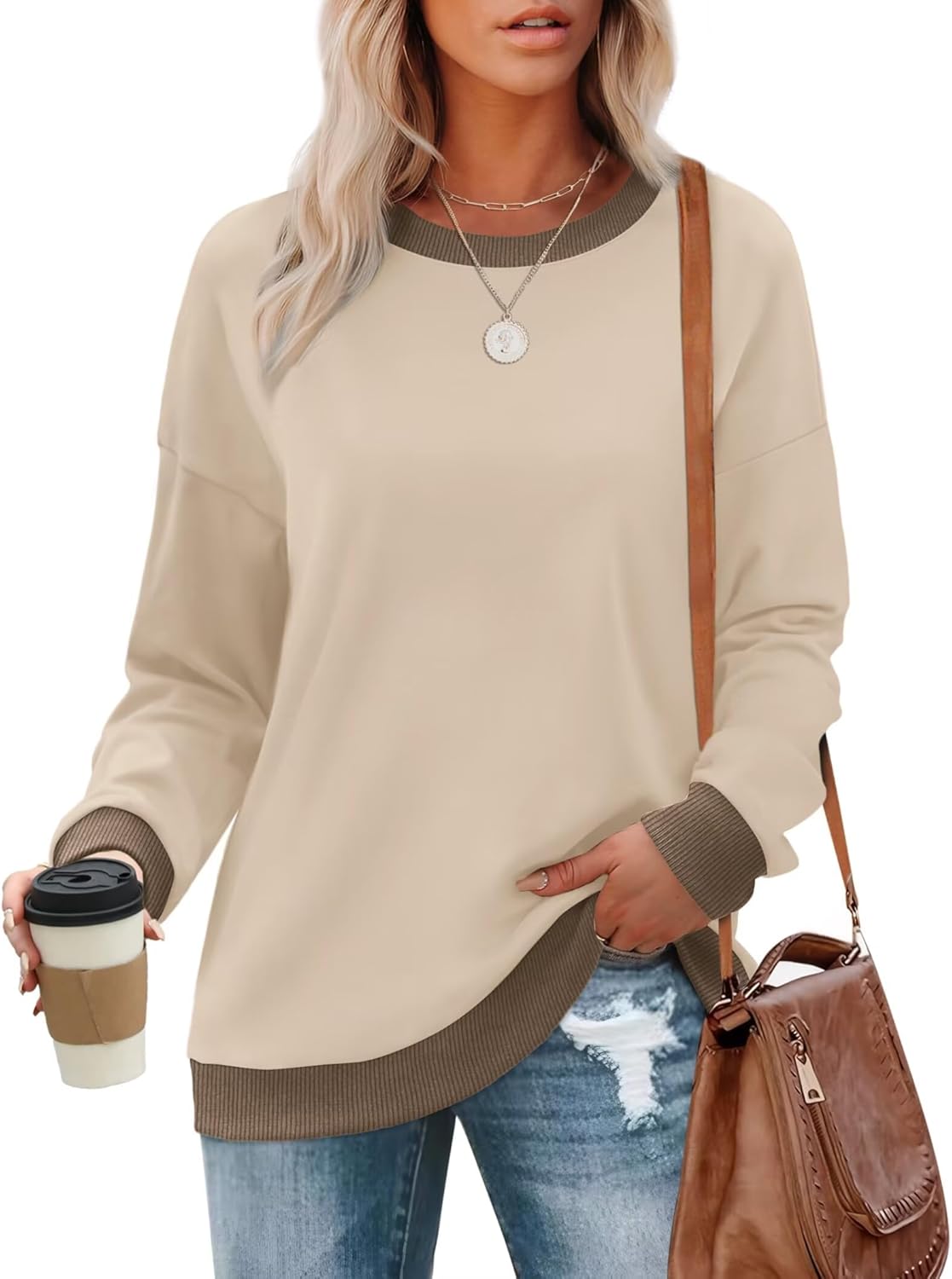 WIHOLL Sweatshirts for Women Crewneck Long Sleeve Loose Fit Sweaters Color Block Ribbed Trim Womens Tops Fall Fashion 2025