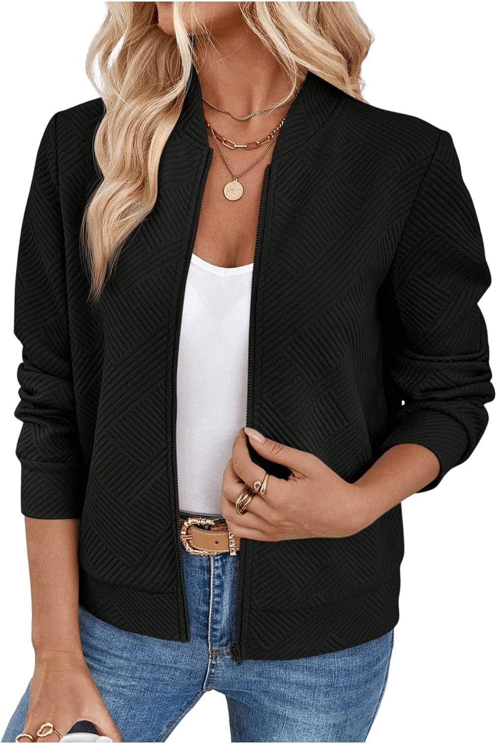 Verdusa Women's Zip Up Textured Lightweight Bomber Jacket Casual Long Sleeve Outerwear