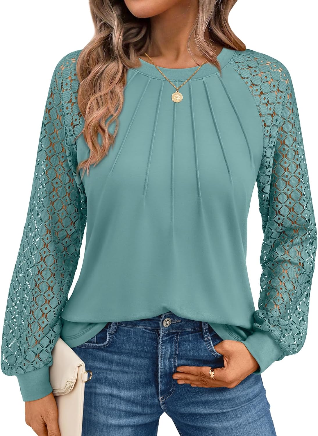 AUTOMET Womens Long Sleeve Shirts Pleated Lace Tops Fall Fashion Outfits Business Casual Blouses