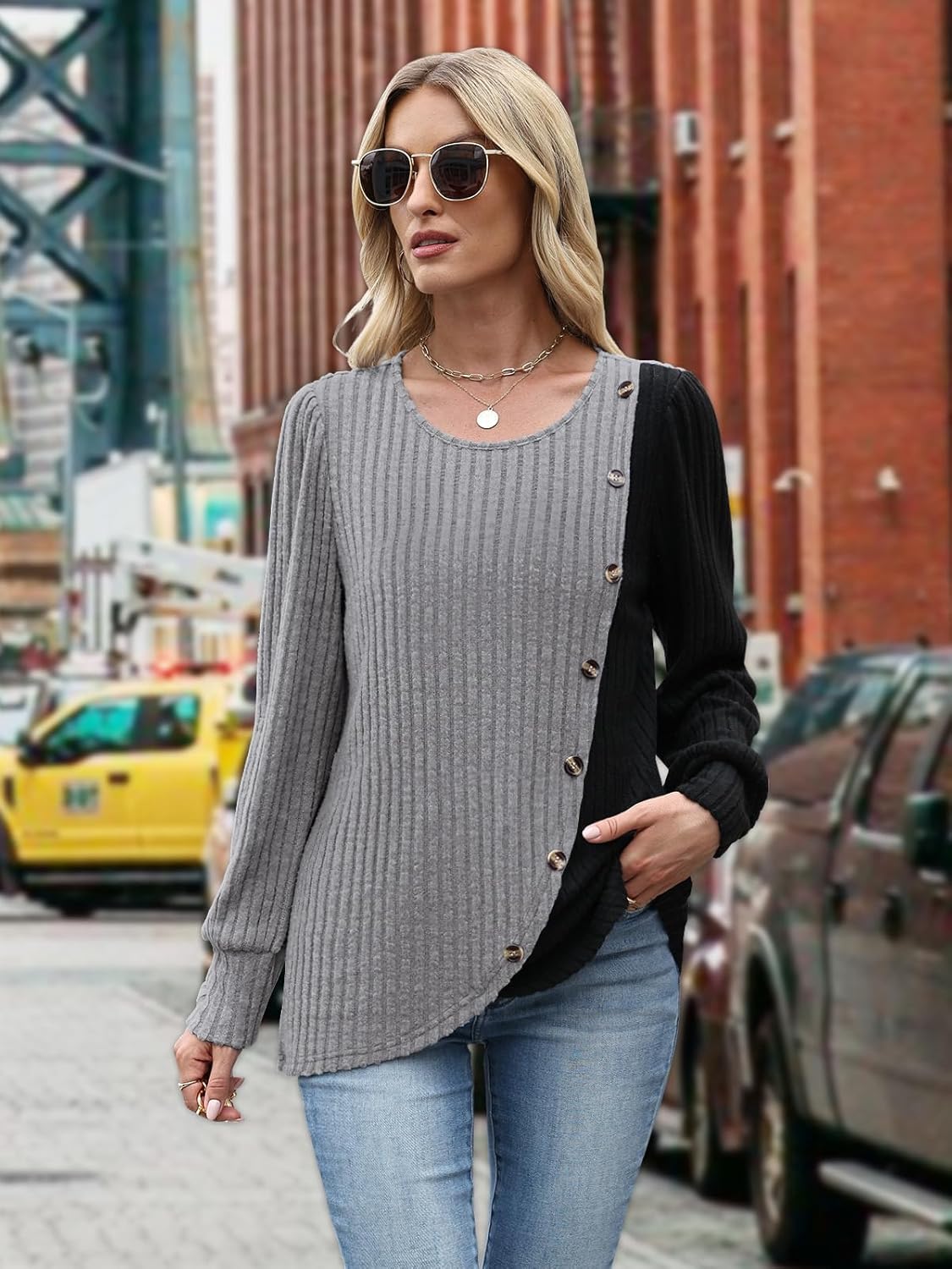 MixShe Womens Knit Sweaters 2025 Fall Winter Casual Long Sleeve Ribbed Colorblock Button Pullover Tops