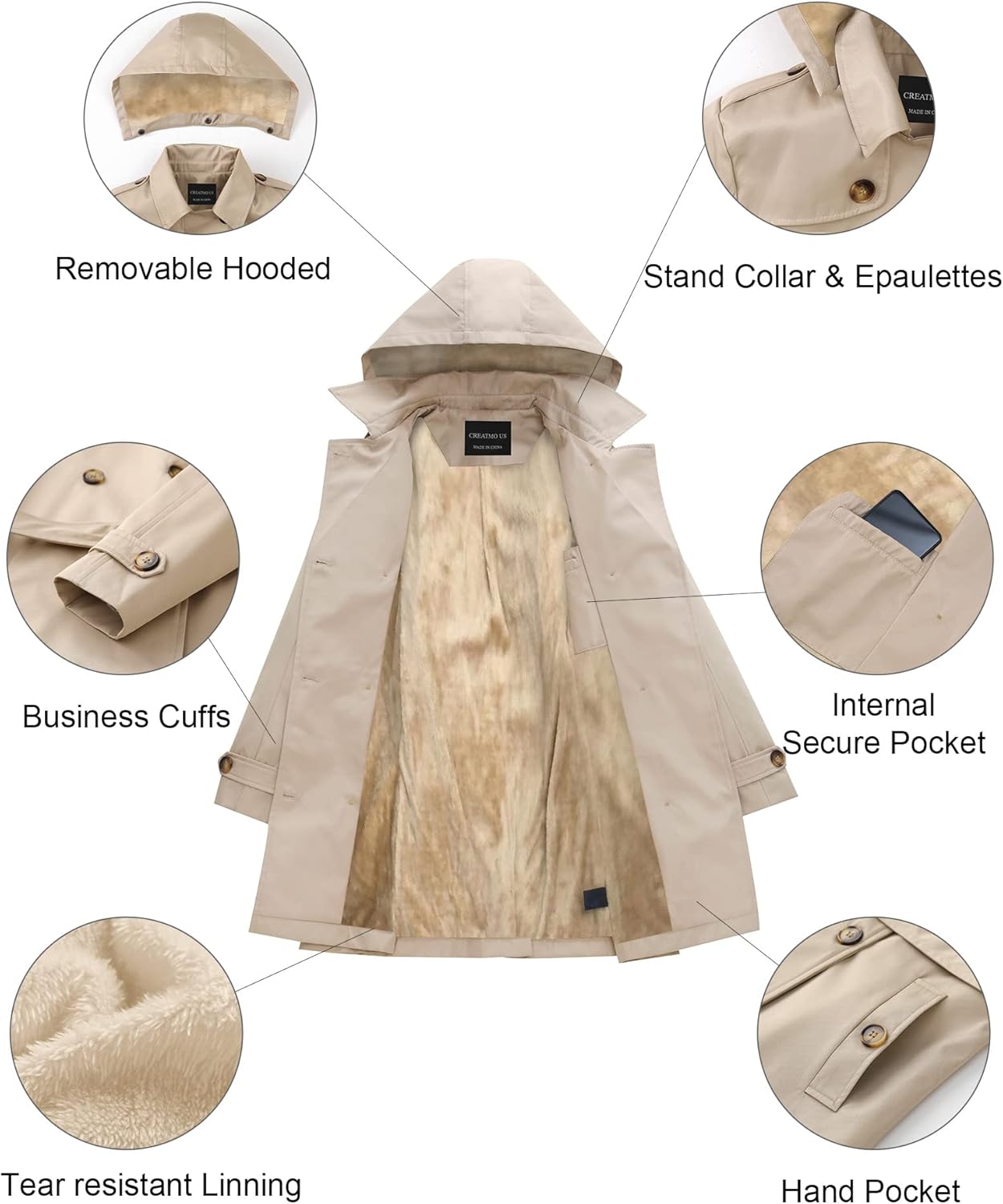 CREATMO US Women's Trench Coat Double-Breasted Classic Lapel Overcoat Belted Slim Outerwear Coat with Detachable Hood