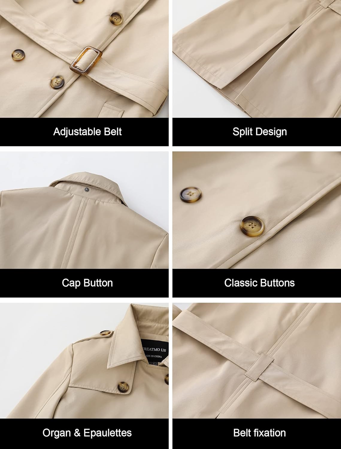 CREATMO US Women's Trench Coat Double-Breasted Classic Lapel Overcoat Belted Slim Outerwear Coat with Detachable Hood