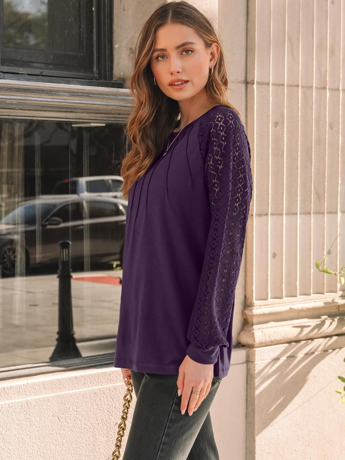 AUTOMET Womens Long Sleeve Shirts Pleated Lace Tops Fall Fashion Outfits Business Casual Blouses