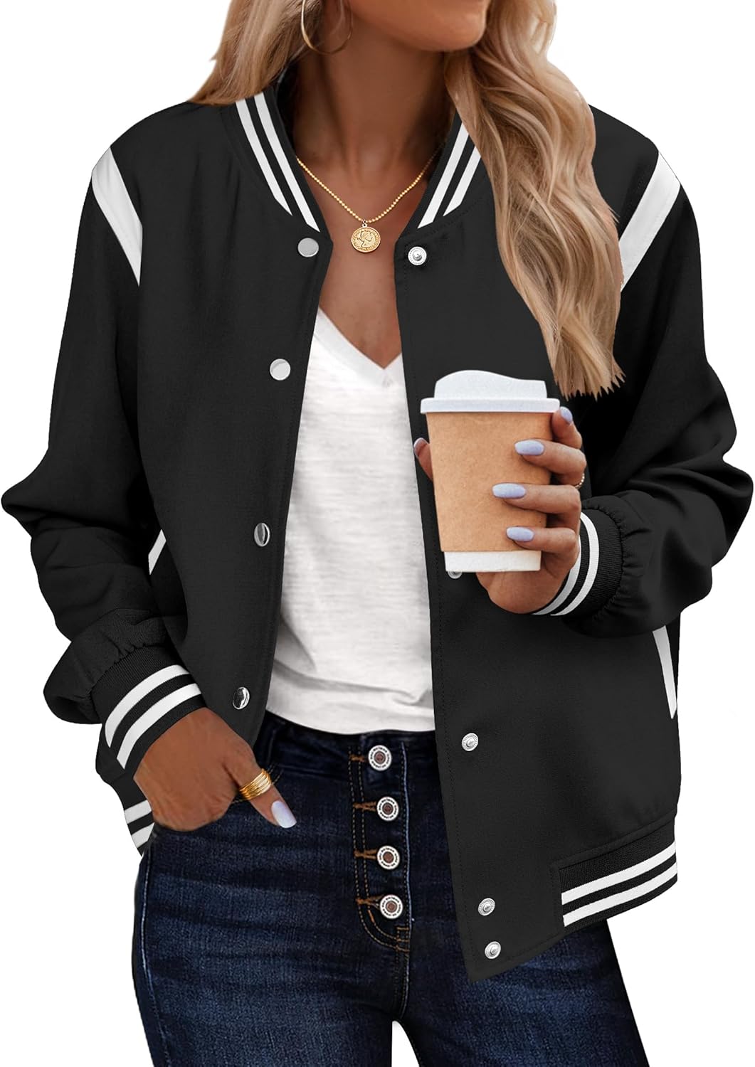 Zeagoo Bomber Jacket Women Varsity Casual Button Down Lightweight 2025 Fall Fashion Short School Outfits with Pockets