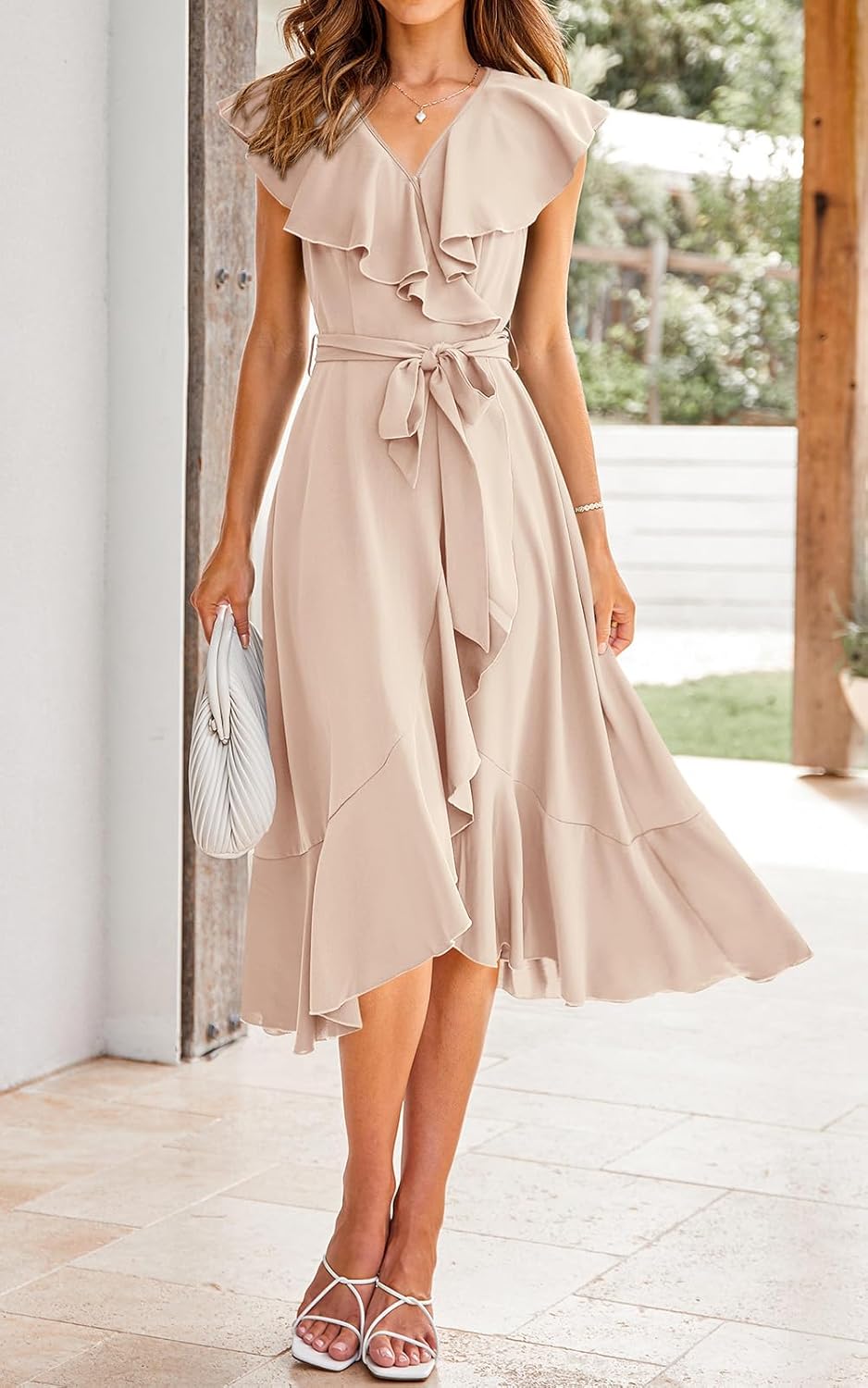 PRETTYGARDEN Women's 2025 Summer Cross Midi Dress Casual Boho Deep V Neck Short Sleeve Ruffle Hem Split Beach Long Dresses