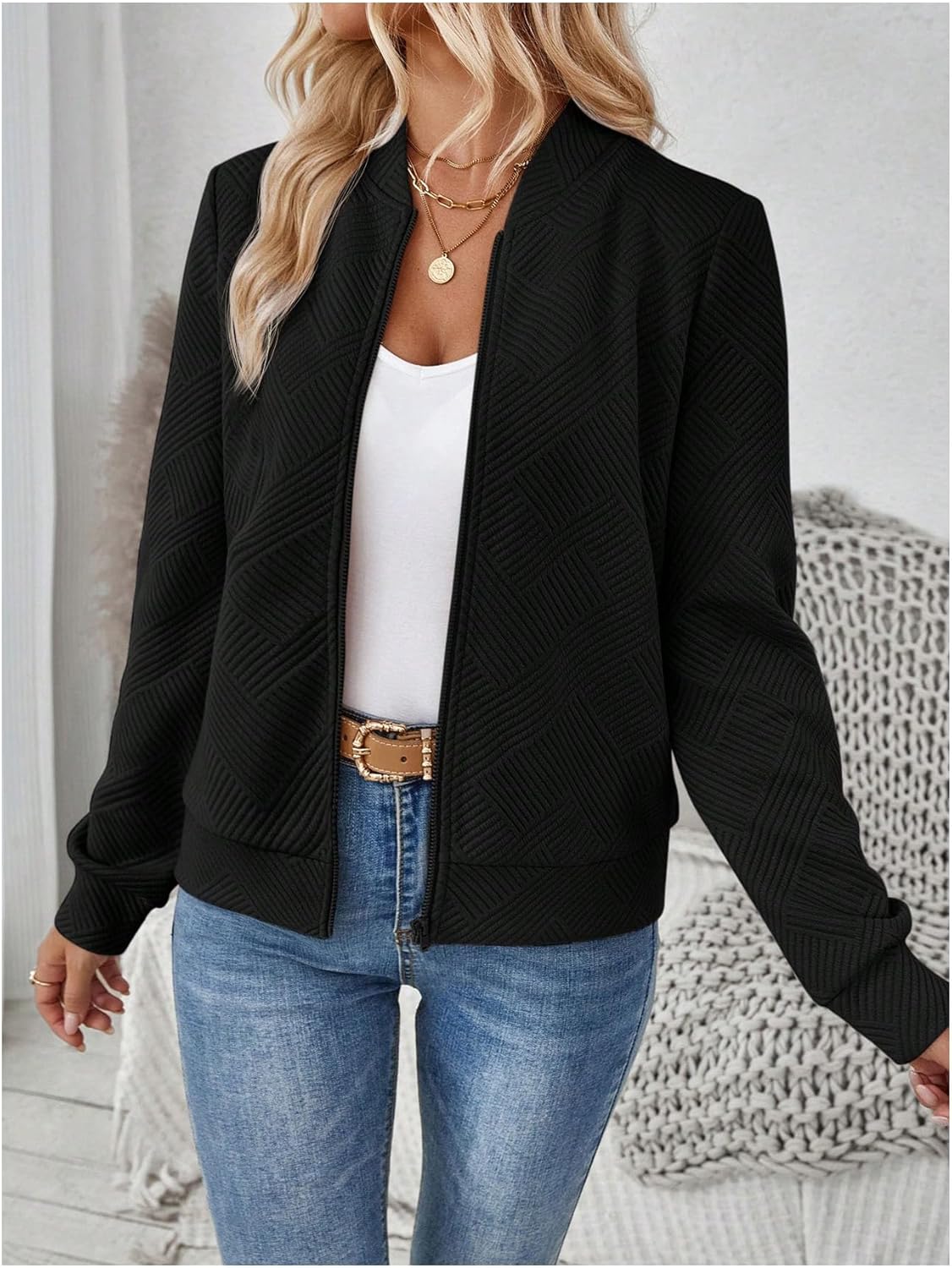 Verdusa Women's Zip Up Textured Lightweight Bomber Jacket Casual Long Sleeve Outerwear