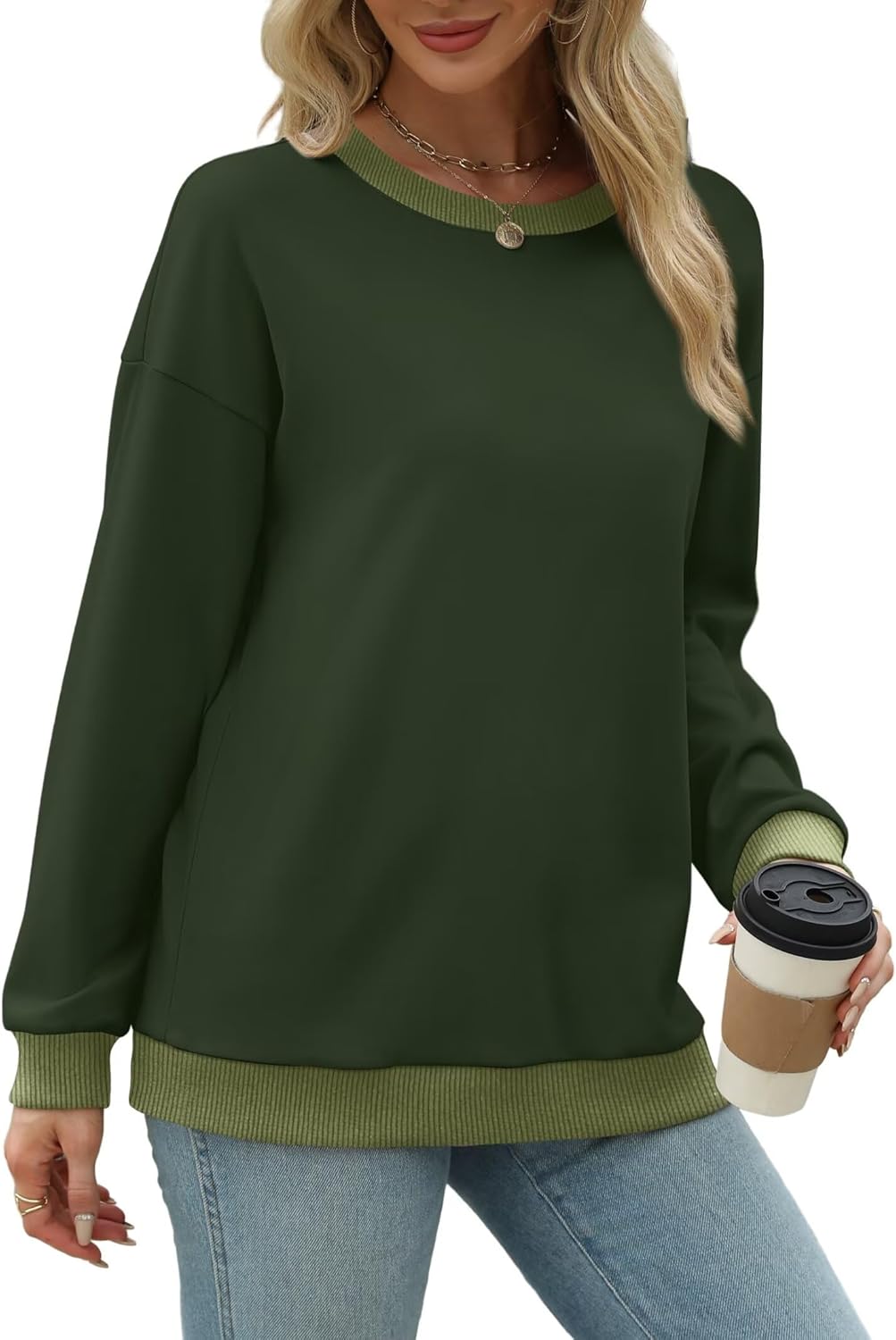 WIHOLL Sweatshirts for Women Crewneck Long Sleeve Loose Fit Sweaters Color Block Ribbed Trim Womens Tops Fall Fashion 2025