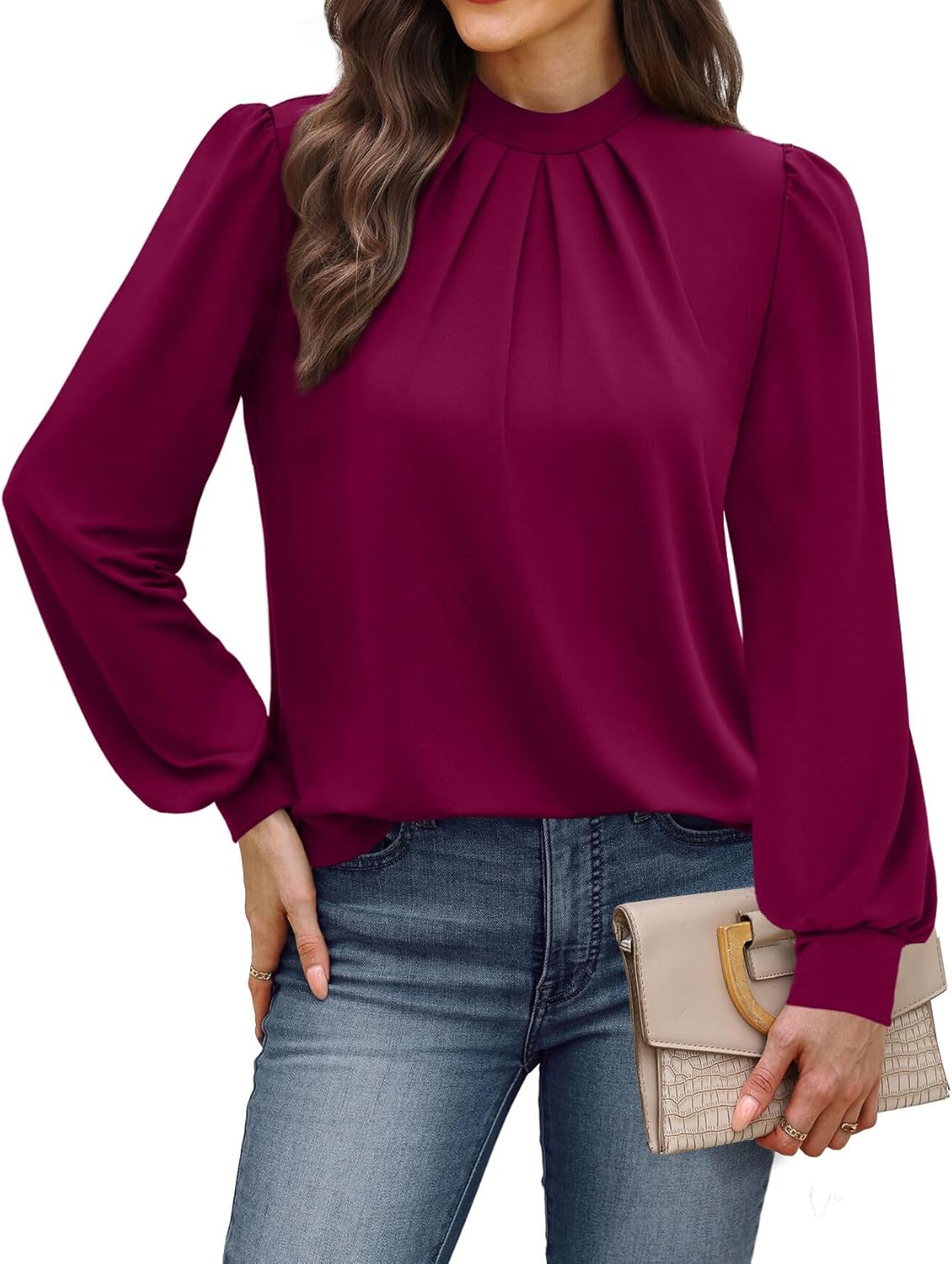 WIHOLL Long Sleeve Shirts for Women Mock Neck Tops Pleated Front Blouses Dressy Casual Fall Clothes 2025 Fashion