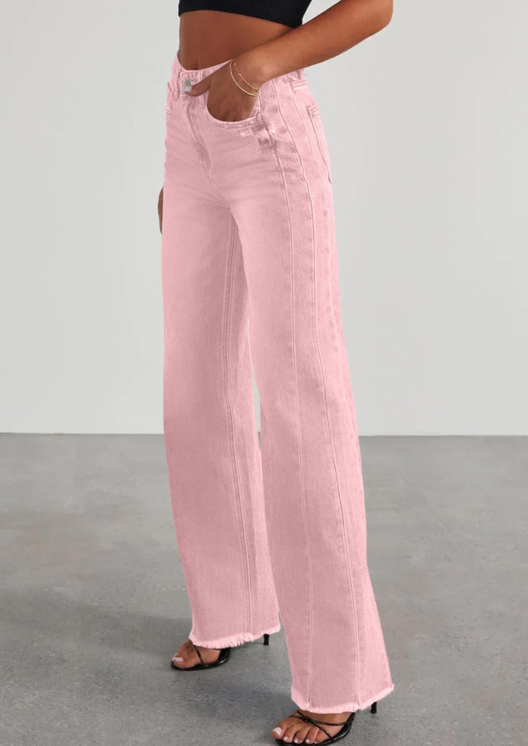 PRETTYGARDEN Wide Leg Jeans for Women Trendy 2025 High Waisted Stretchy Baggy Raw Hem Denim Palazzo Pants with Pockets