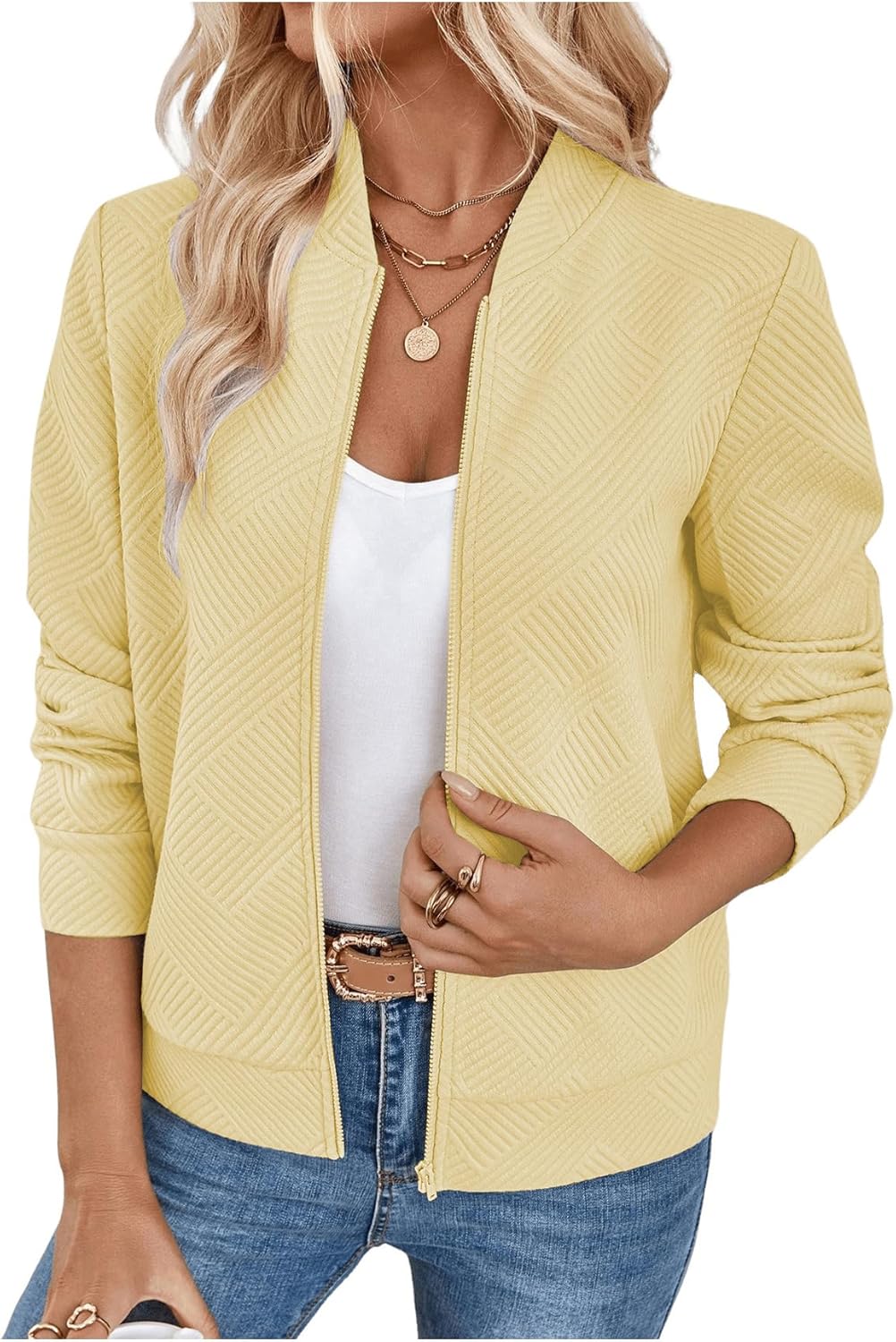 Verdusa Women's Zip Up Textured Lightweight Bomber Jacket Casual Long Sleeve Outerwear