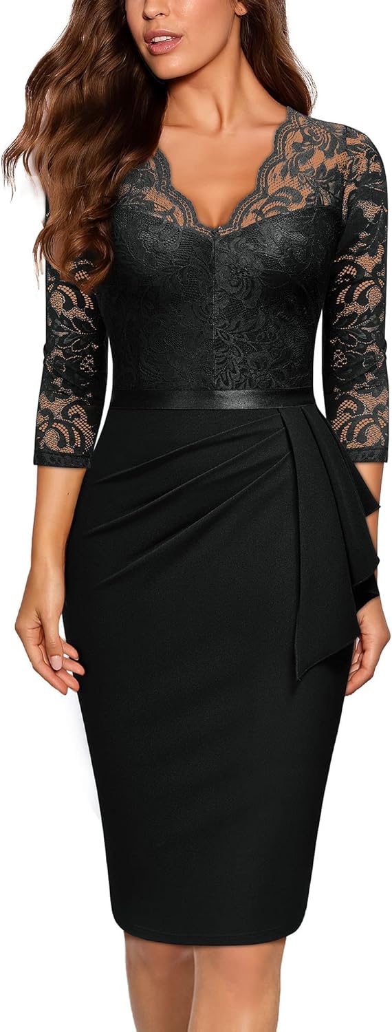 Miusol Women's Retro V Neck Floral Lace Ruffle Style Cocktail Party Dress