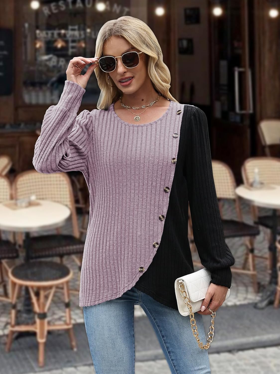 MixShe Womens Knit Sweaters 2025 Fall Winter Casual Long Sleeve Ribbed Colorblock Button Pullover Tops