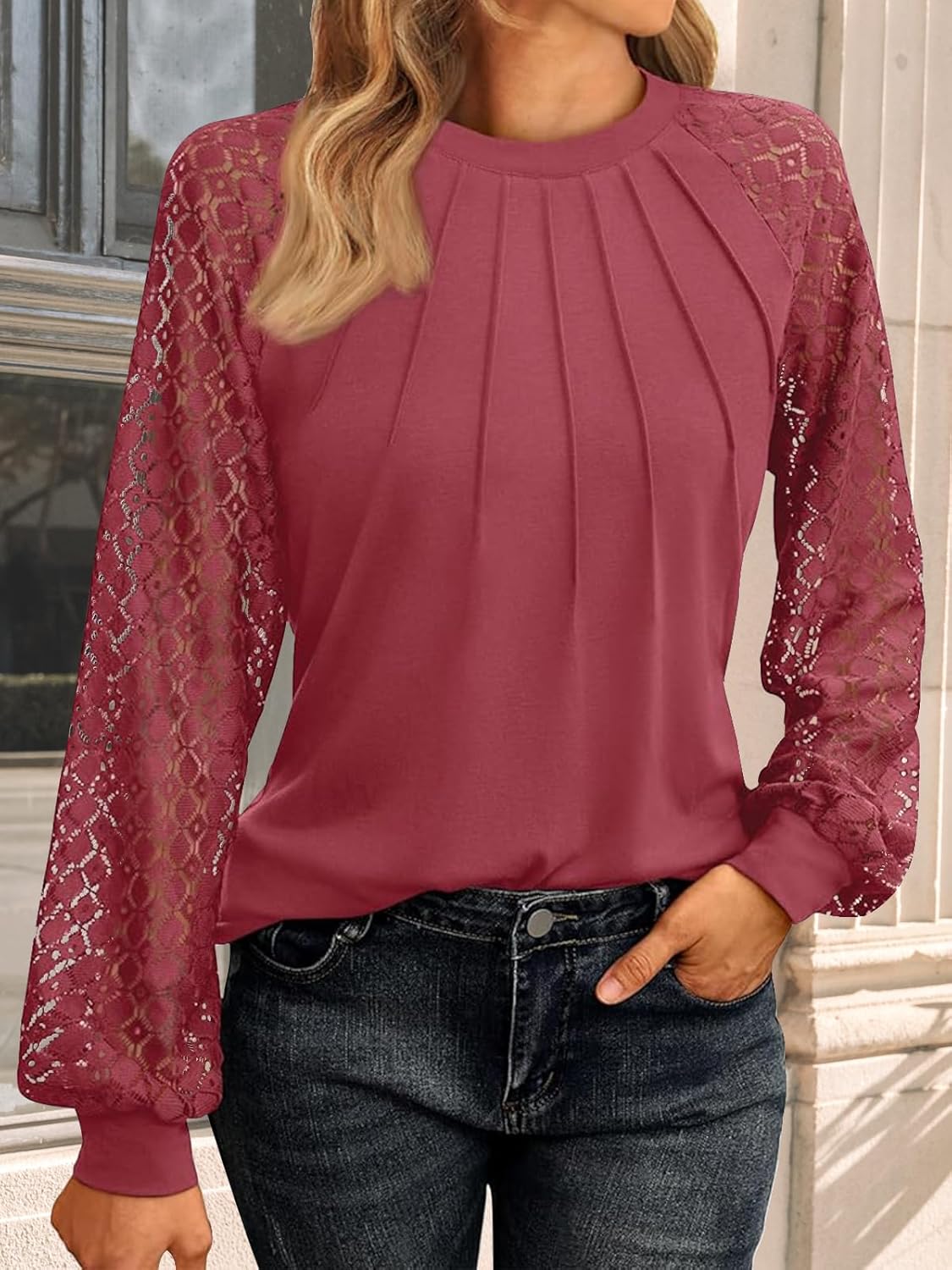 AUTOMET Womens Long Sleeve Shirts Pleated Lace Tops Fall Fashion Outfits Business Casual Blouses