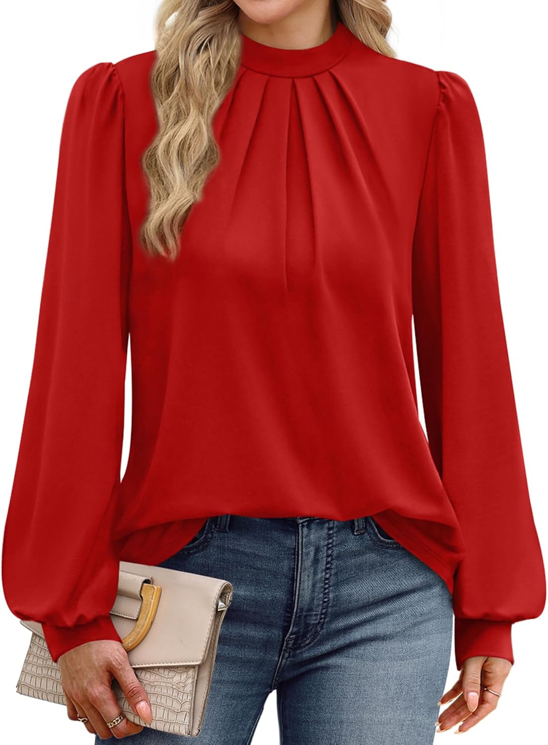 WIHOLL Long Sleeve Shirts for Women Mock Neck Tops Pleated Front Blouses Dressy Casual Fall Clothes 2025 Fashion