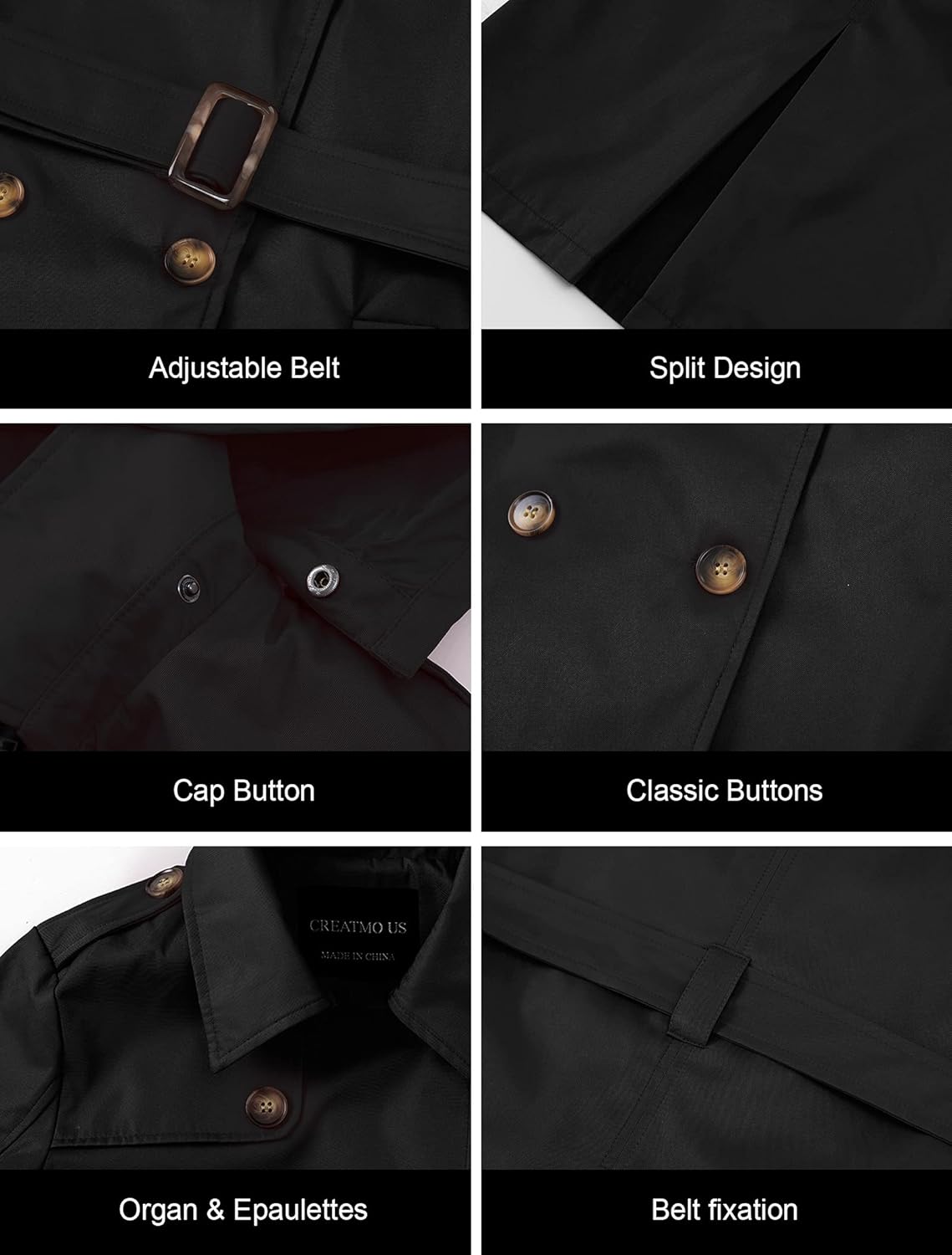 CREATMO US Women's Trench Coat Double-Breasted Classic Lapel Overcoat Belted Slim Outerwear Coat with Detachable Hood
