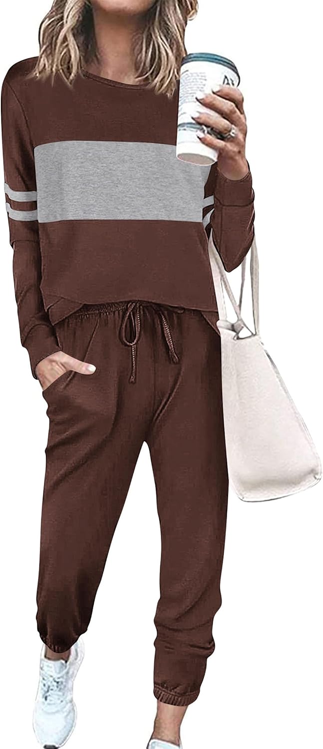 PRETTYGARDEN Women's Color Block 2 Piece 2025 Fall Tracksuit Crewneck Long Sleeve Tops Long Sweatpants Outfits Lounge Sets
