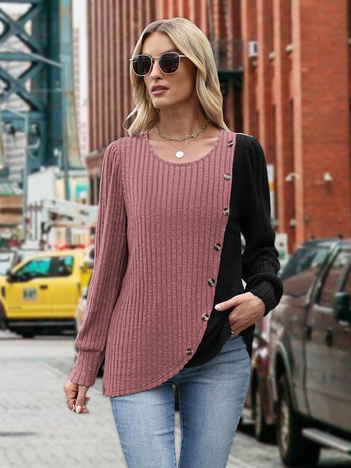 MixShe Womens Knit Sweaters 2025 Fall Winter Casual Long Sleeve Ribbed Colorblock Button Pullover Tops