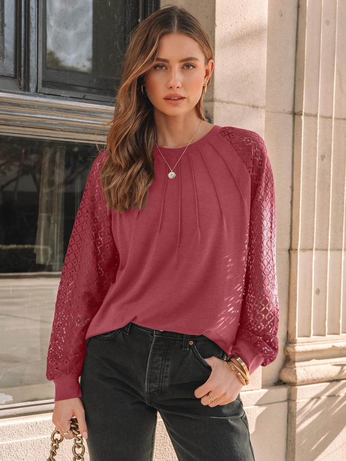 AUTOMET Womens Long Sleeve Shirts Pleated Lace Tops Fall Fashion Outfits Business Casual Blouses