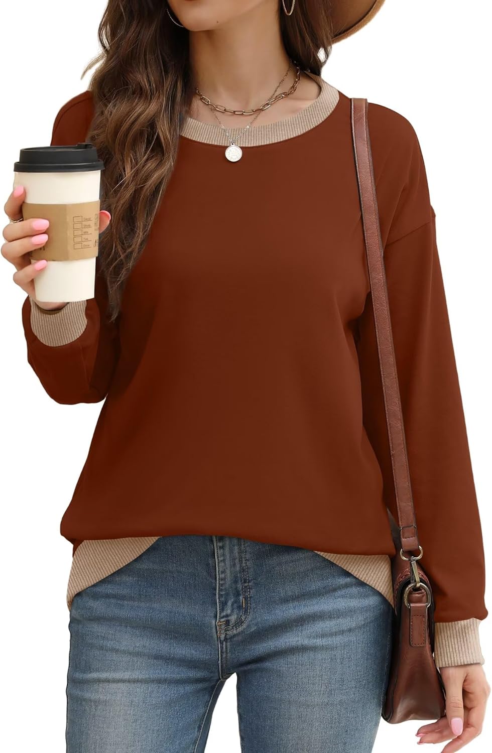 WIHOLL Sweatshirts for Women Crewneck Long Sleeve Loose Fit Sweaters Color Block Ribbed Trim Womens Tops Fall Fashion 2025