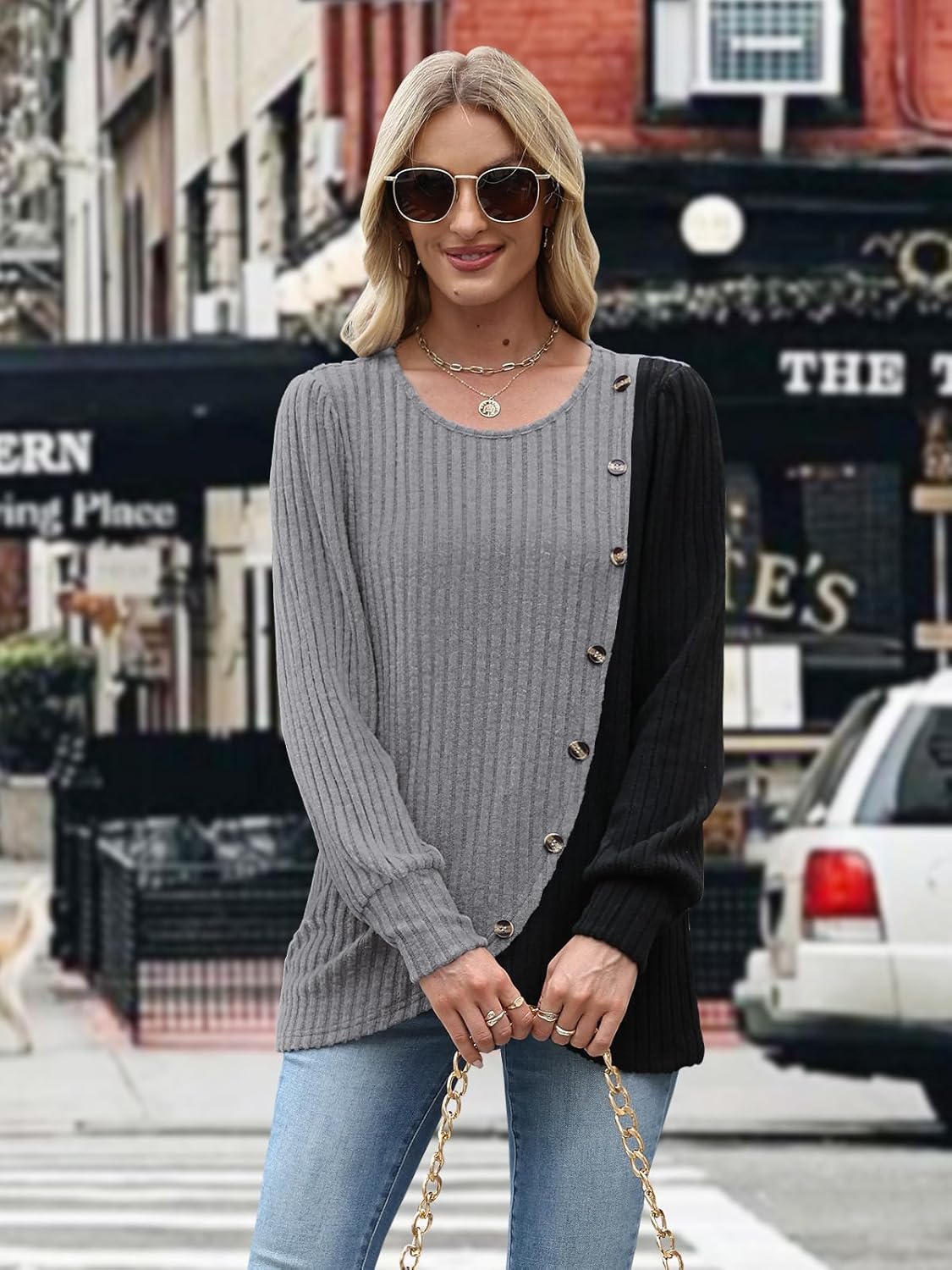 MixShe Womens Knit Sweaters 2025 Fall Winter Casual Long Sleeve Ribbed Colorblock Button Pullover Tops