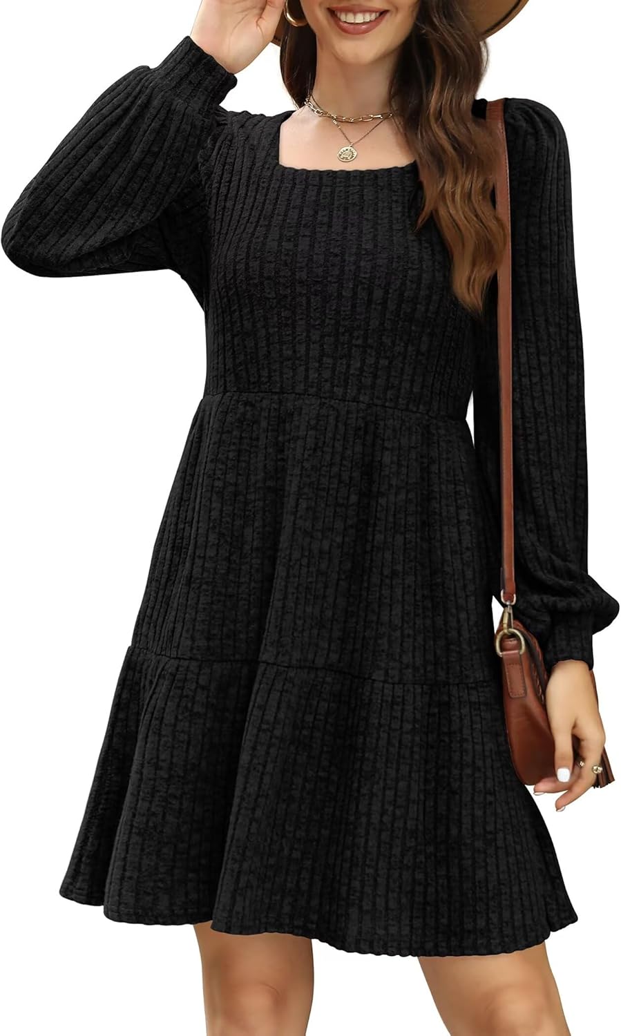 SAMPEEL Fall Dresses for Women 2025 Clothing Trendy Square Neck Long Sleeve A Line Sweater Dress with Pocket