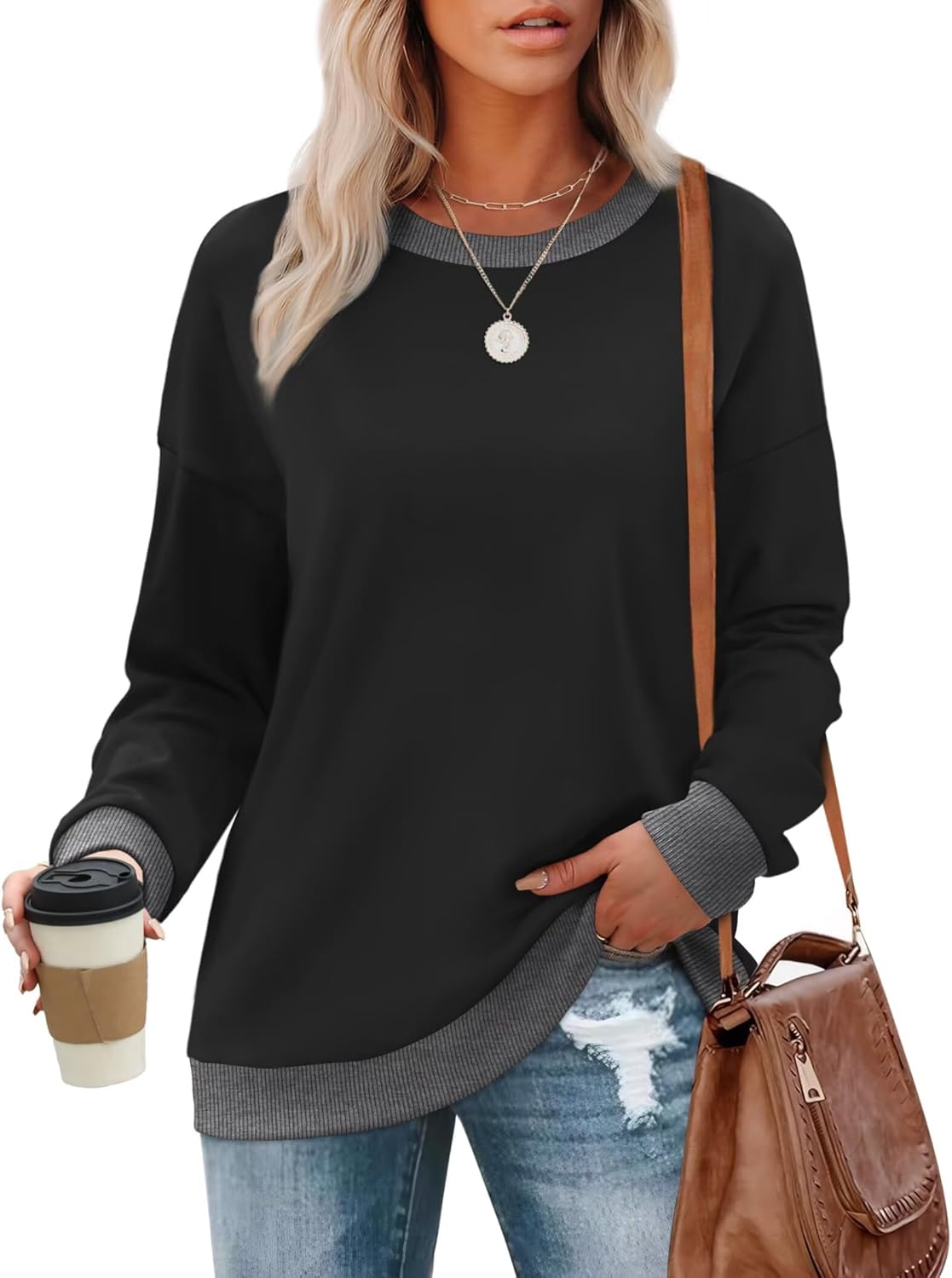 WIHOLL Sweatshirts for Women Crewneck Long Sleeve Loose Fit Sweaters Color Block Ribbed Trim Womens Tops Fall Fashion 2025