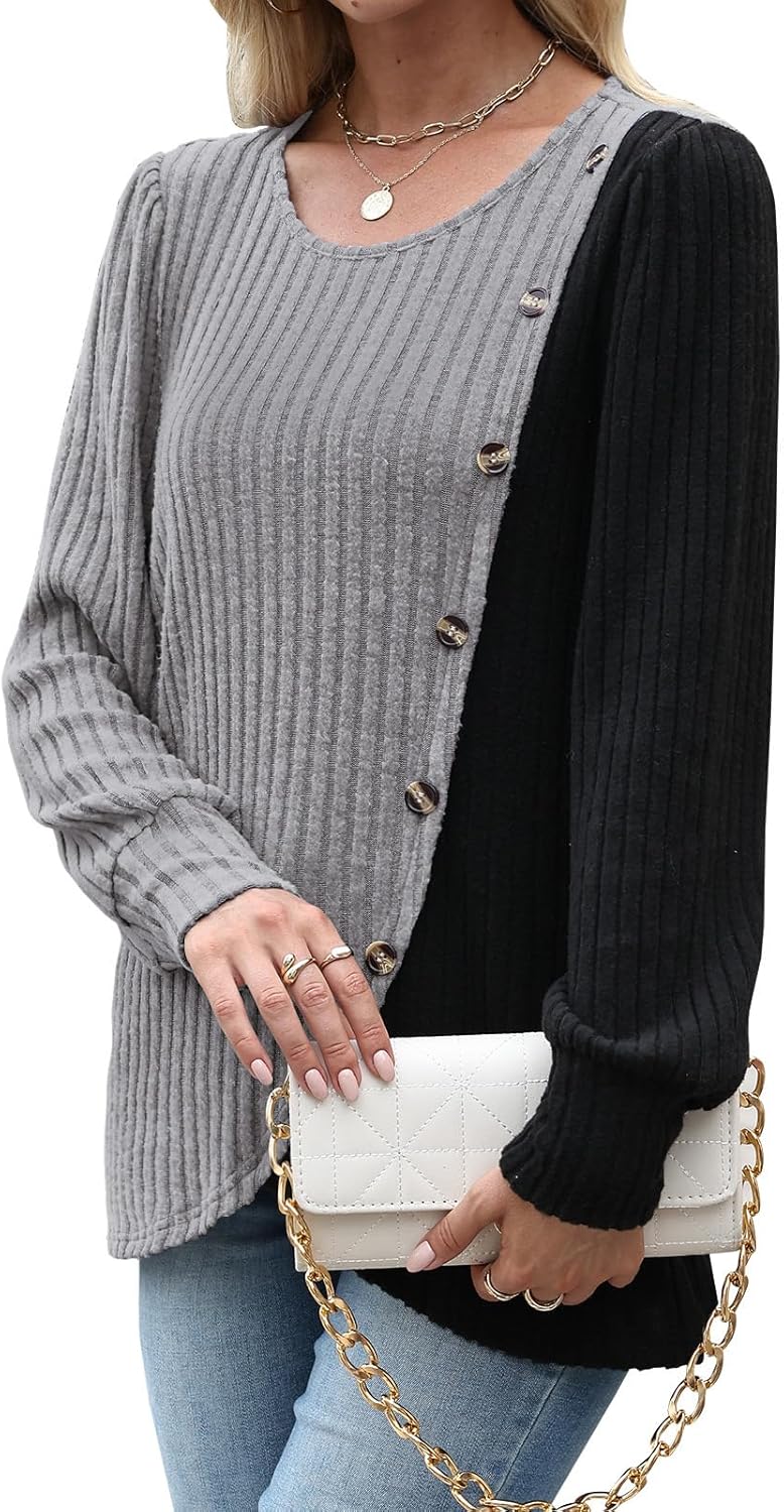 MixShe Womens Knit Sweaters 2025 Fall Winter Casual Long Sleeve Ribbed Colorblock Button Pullover Tops