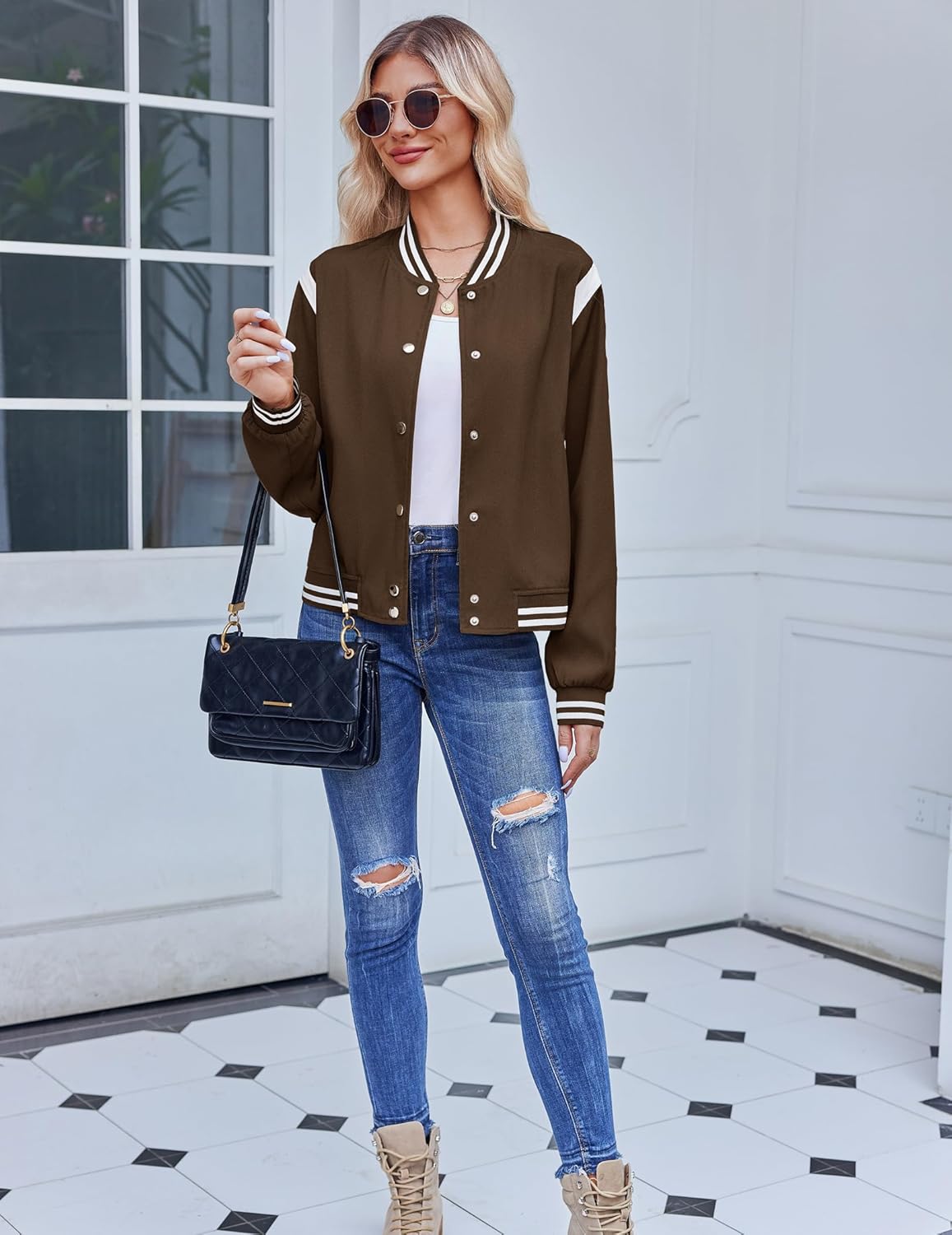 Zeagoo Bomber Jacket Women Varsity Casual Button Down Lightweight 2025 Fall Fashion Short School Outfits with Pockets