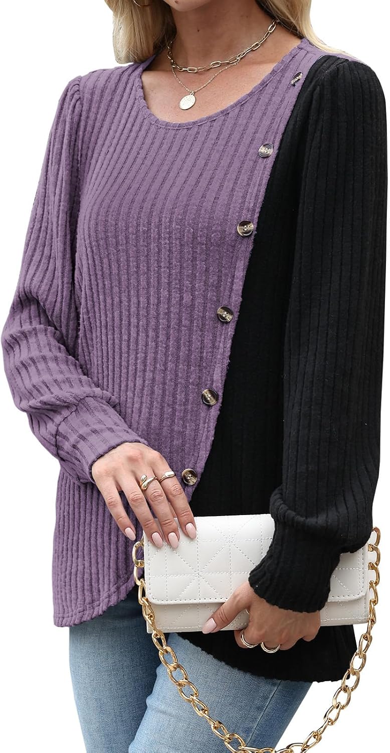 MixShe Womens Knit Sweaters 2025 Fall Winter Casual Long Sleeve Ribbed Colorblock Button Pullover Tops