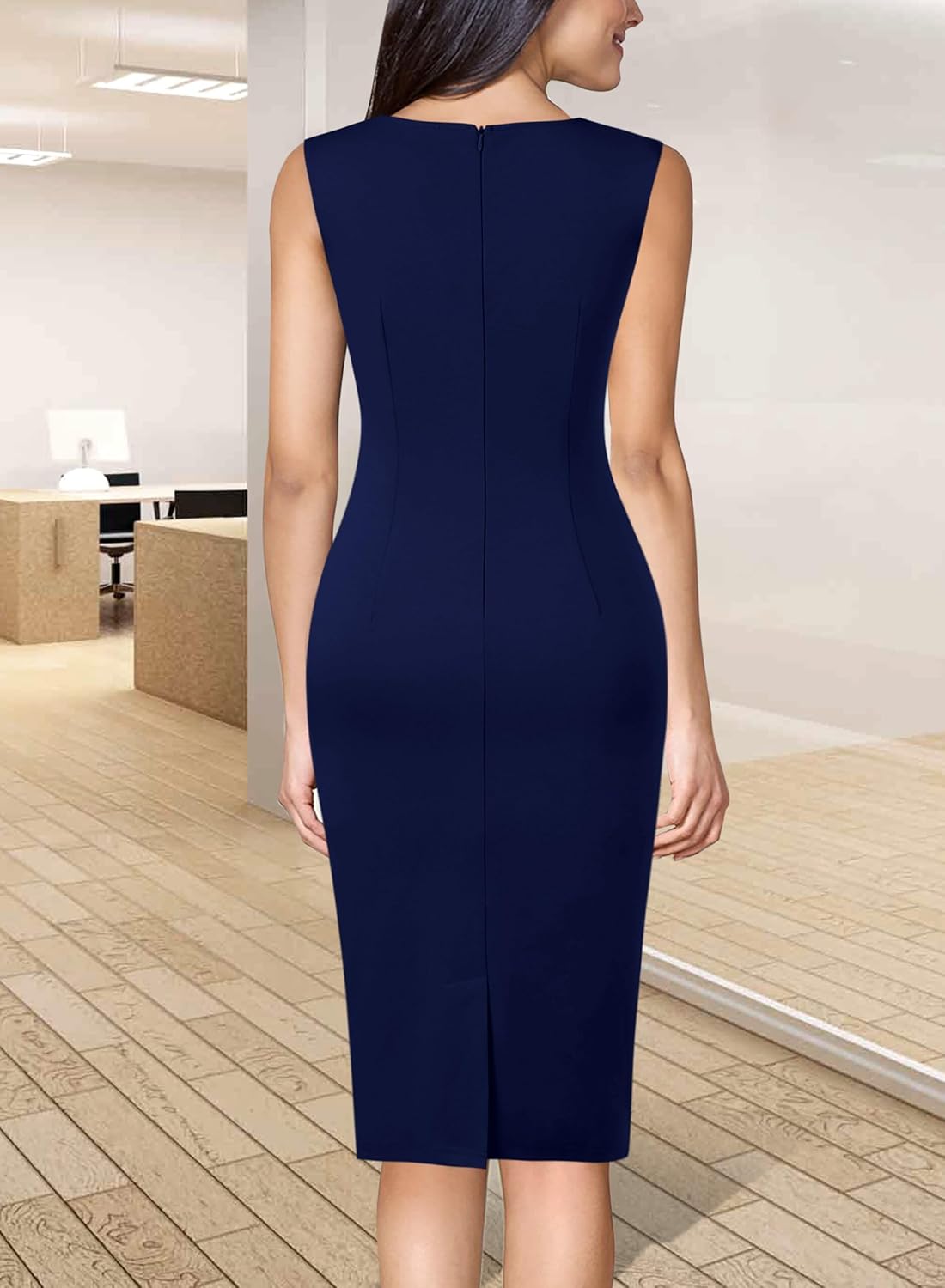 VFSHOW Womens Colorblock Patchwork Slim Front Zipper Work Business Office Party Bodycon Pencil Sheath Dress