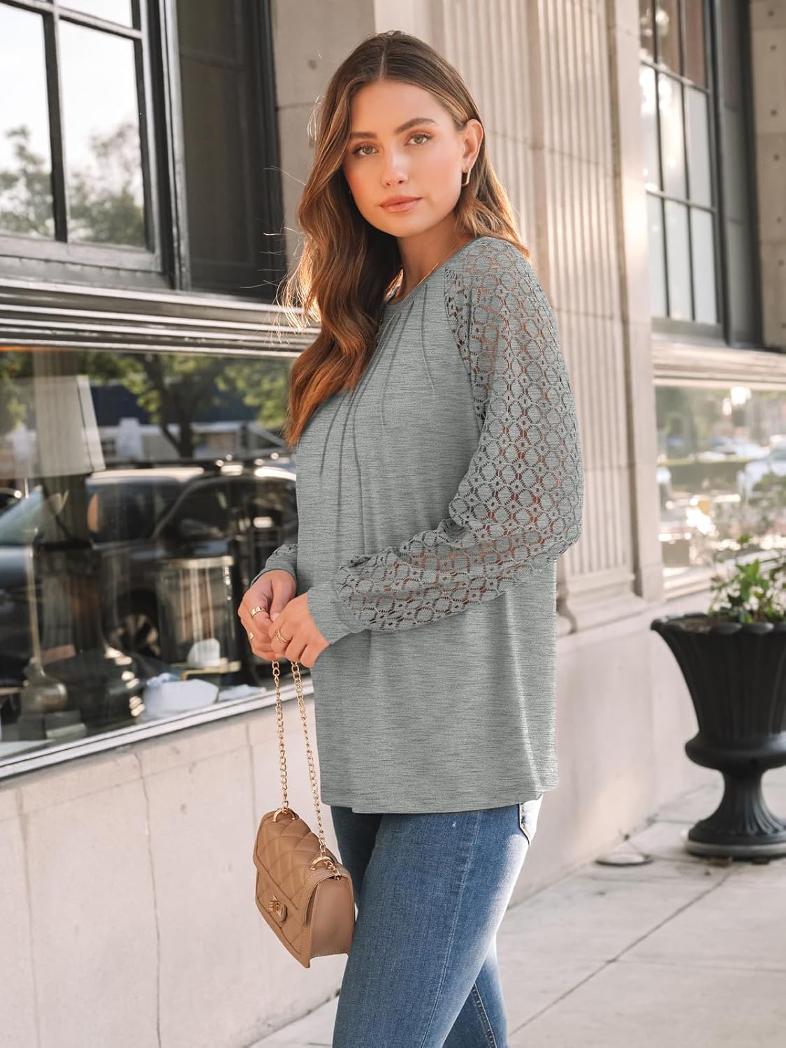 AUTOMET Womens Long Sleeve Shirts Pleated Lace Tops Fall Fashion Outfits Business Casual Blouses