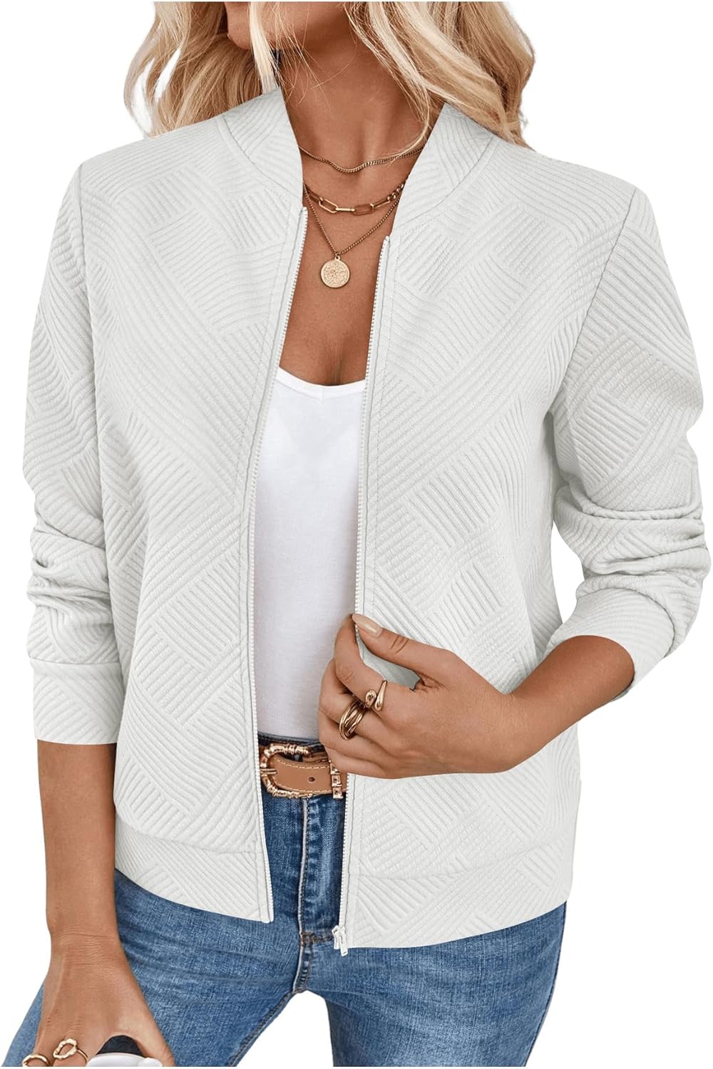 Verdusa Women's Zip Up Textured Lightweight Bomber Jacket Casual Long Sleeve Outerwear