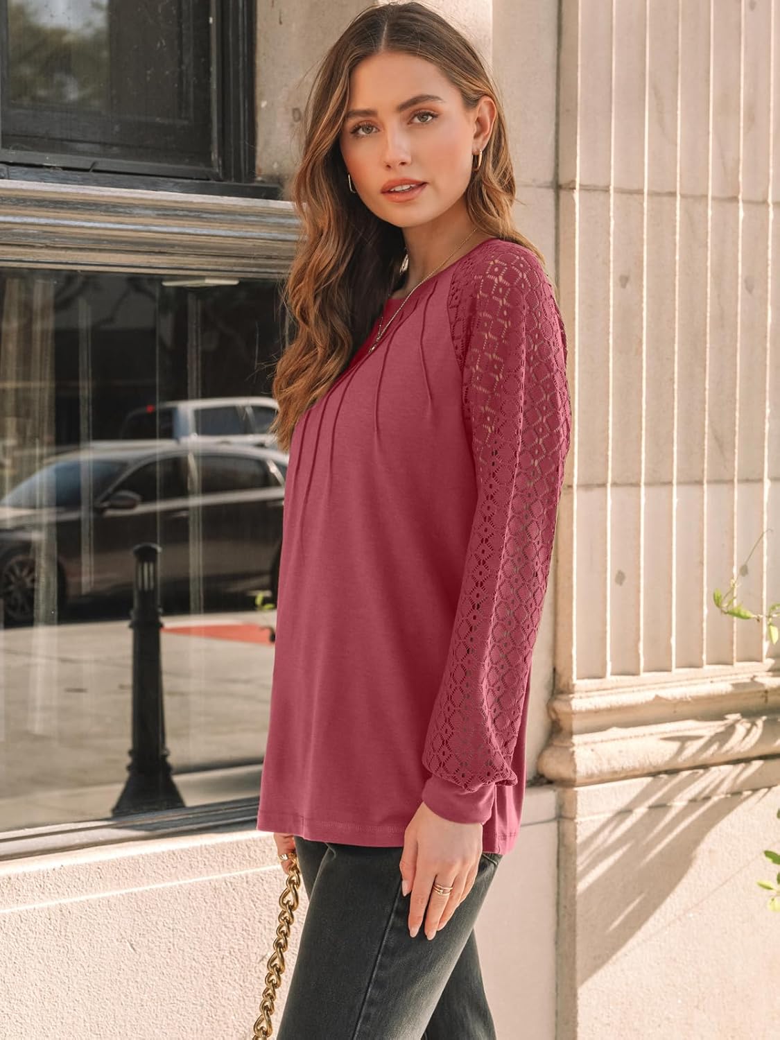 AUTOMET Womens Long Sleeve Shirts Pleated Lace Tops Fall Fashion Outfits Business Casual Blouses