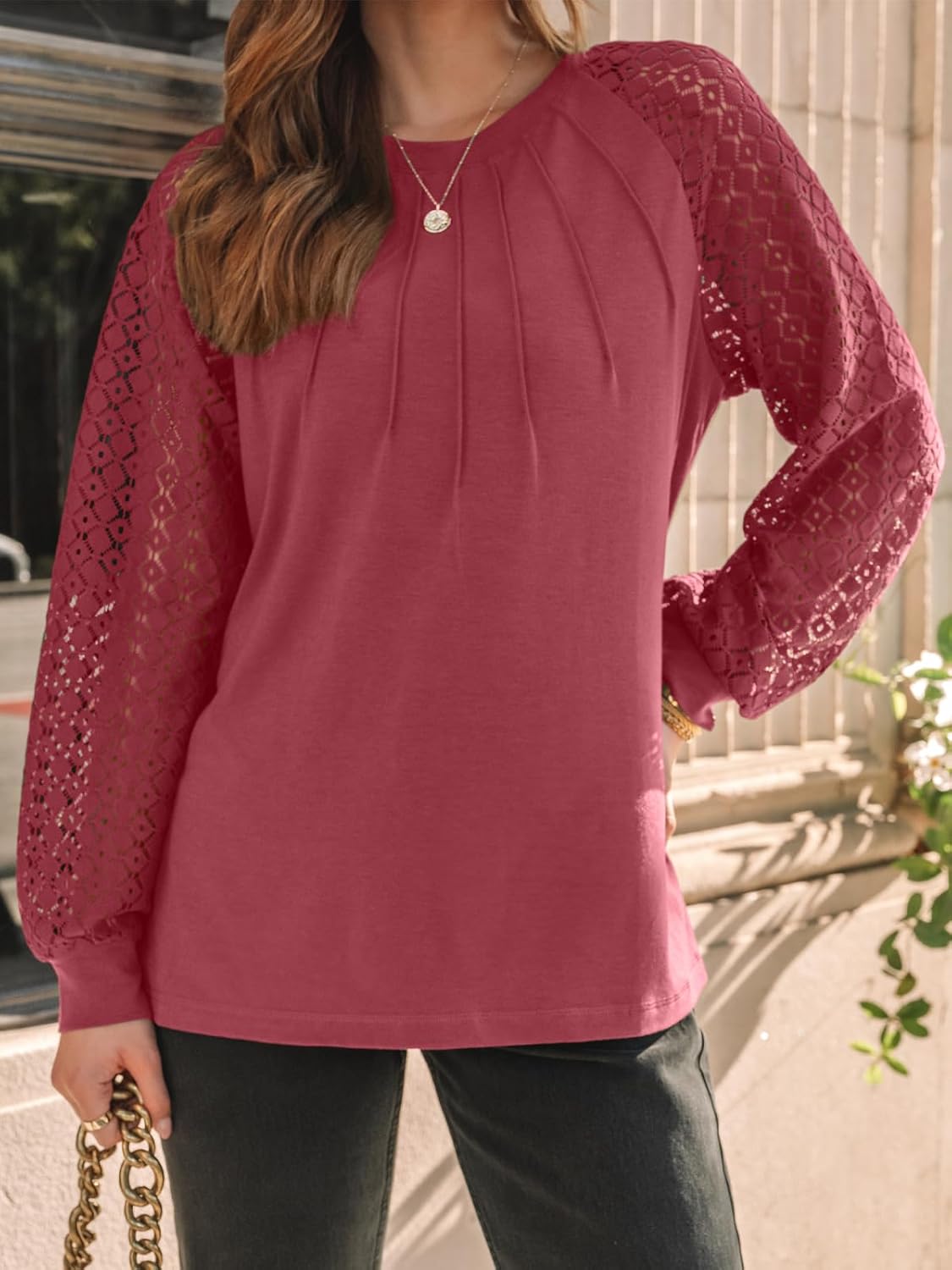 AUTOMET Womens Long Sleeve Shirts Pleated Lace Tops Fall Fashion Outfits Business Casual Blouses