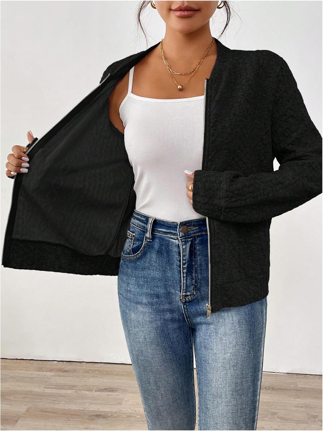 Verdusa Women's Zip Up Textured Lightweight Bomber Jacket Casual Long Sleeve Outerwear