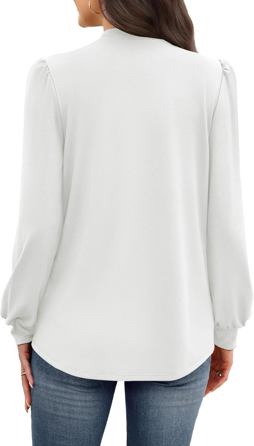 WIHOLL Long Sleeve Shirts for Women Mock Neck Tops Pleated Front Blouses Dressy Casual Fall Clothes 2025 Fashion