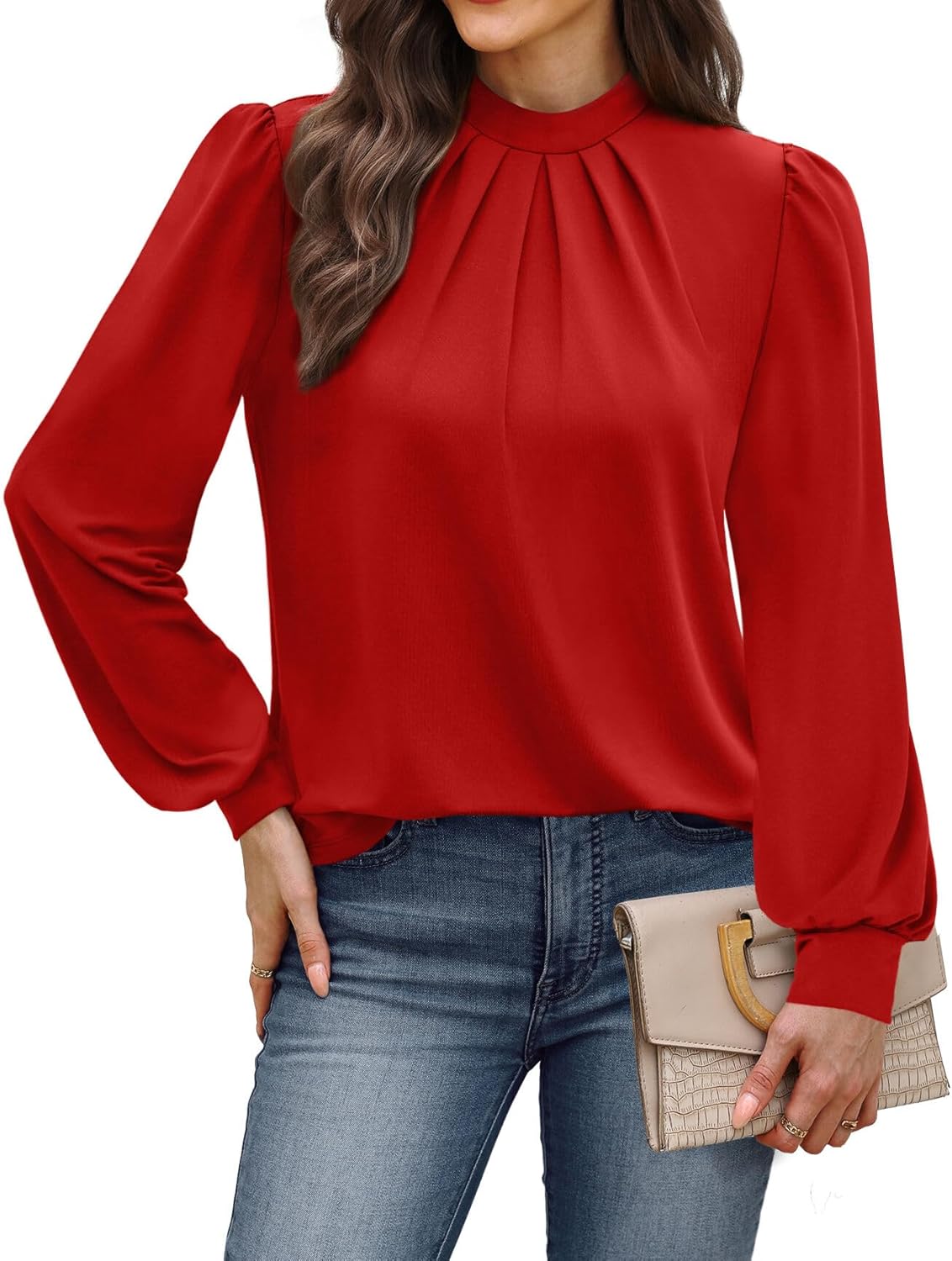 WIHOLL Long Sleeve Shirts for Women Mock Neck Tops Pleated Front Blouses Dressy Casual Fall Clothes 2025 Fashion