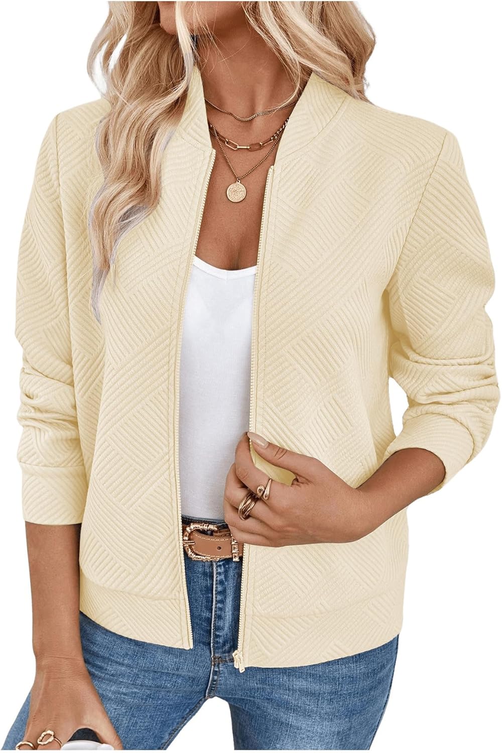 Verdusa Women's Zip Up Textured Lightweight Bomber Jacket Casual Long Sleeve Outerwear
