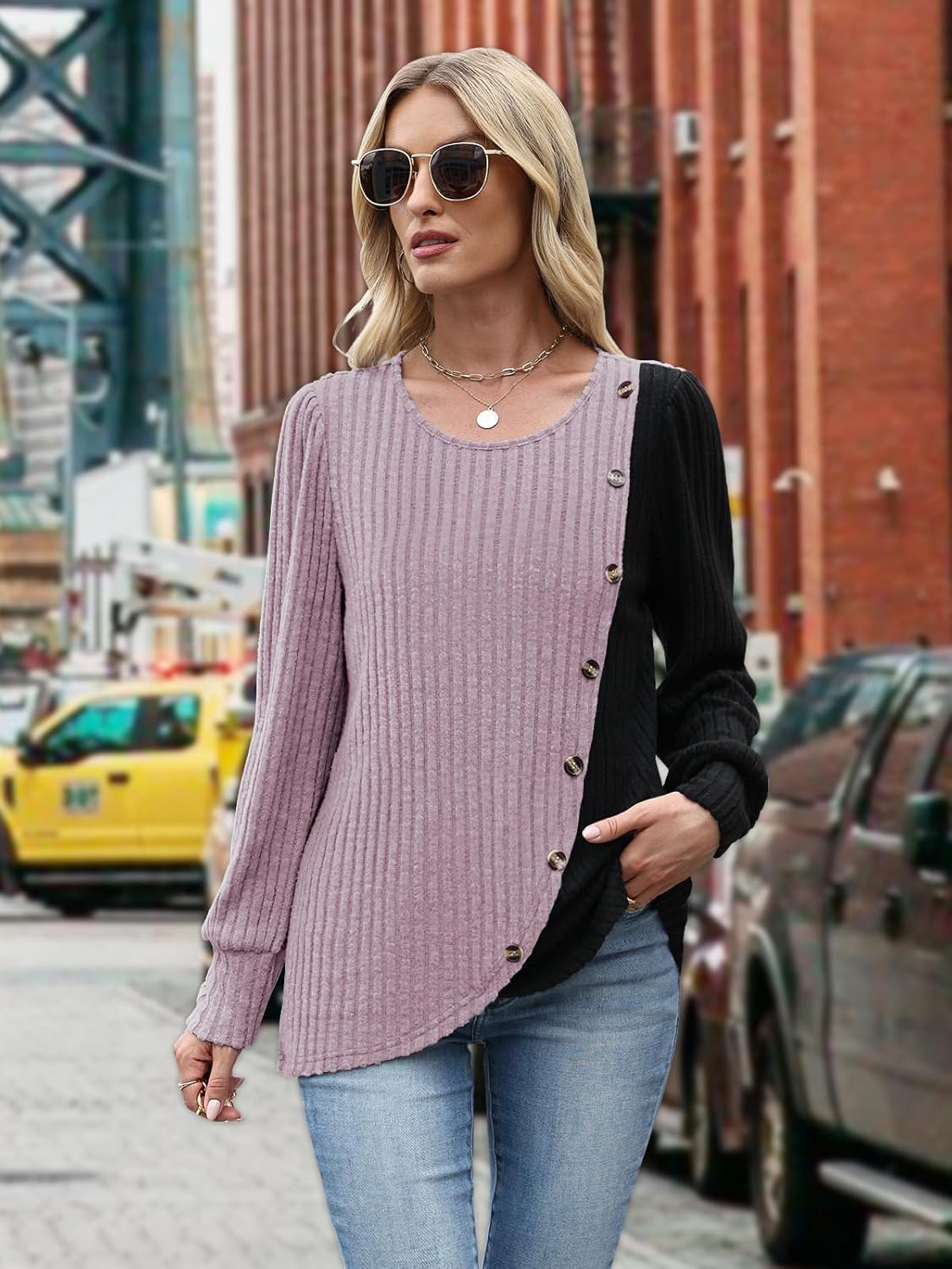 MixShe Womens Knit Sweaters 2025 Fall Winter Casual Long Sleeve Ribbed Colorblock Button Pullover Tops