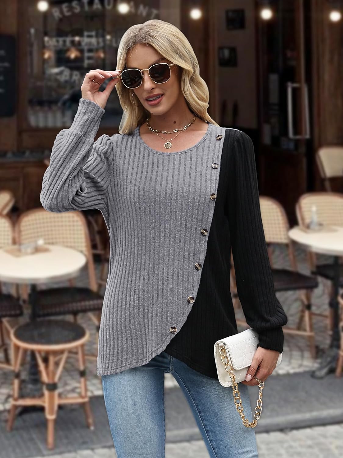 MixShe Womens Knit Sweaters 2025 Fall Winter Casual Long Sleeve Ribbed Colorblock Button Pullover Tops