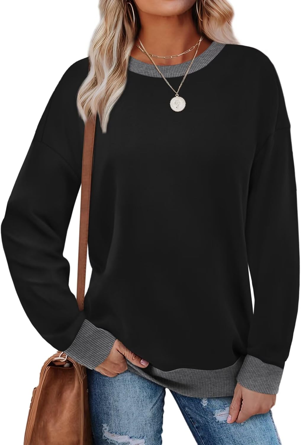 WIHOLL Sweatshirts for Women Crewneck Long Sleeve Loose Fit Sweaters Color Block Ribbed Trim Womens Tops Fall Fashion 2025