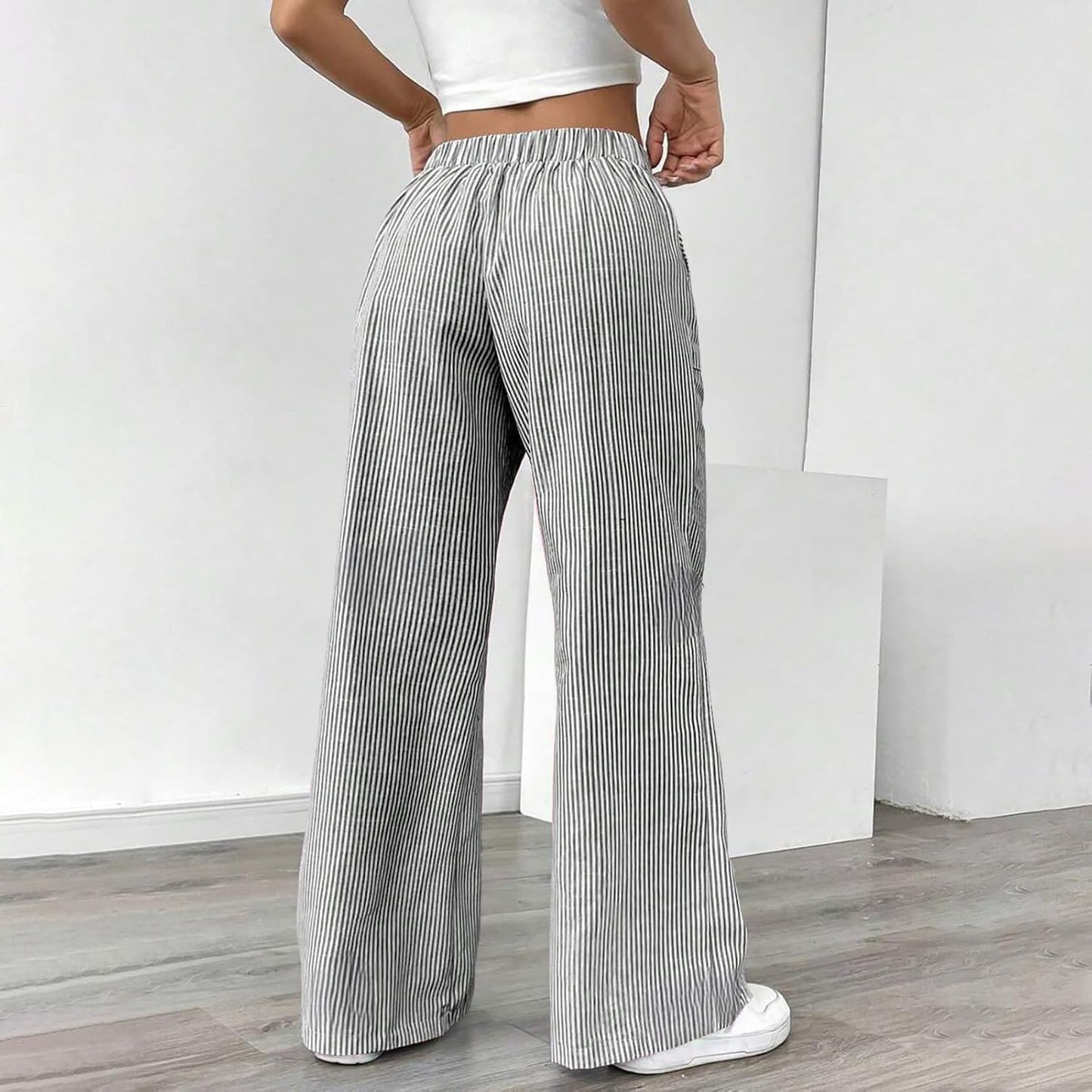 Women's Fashion Striped Cotton Linen Pants Casual Drawstring Waist Wide Leg Pants 2025 Trendy Baggy Beach Trousers