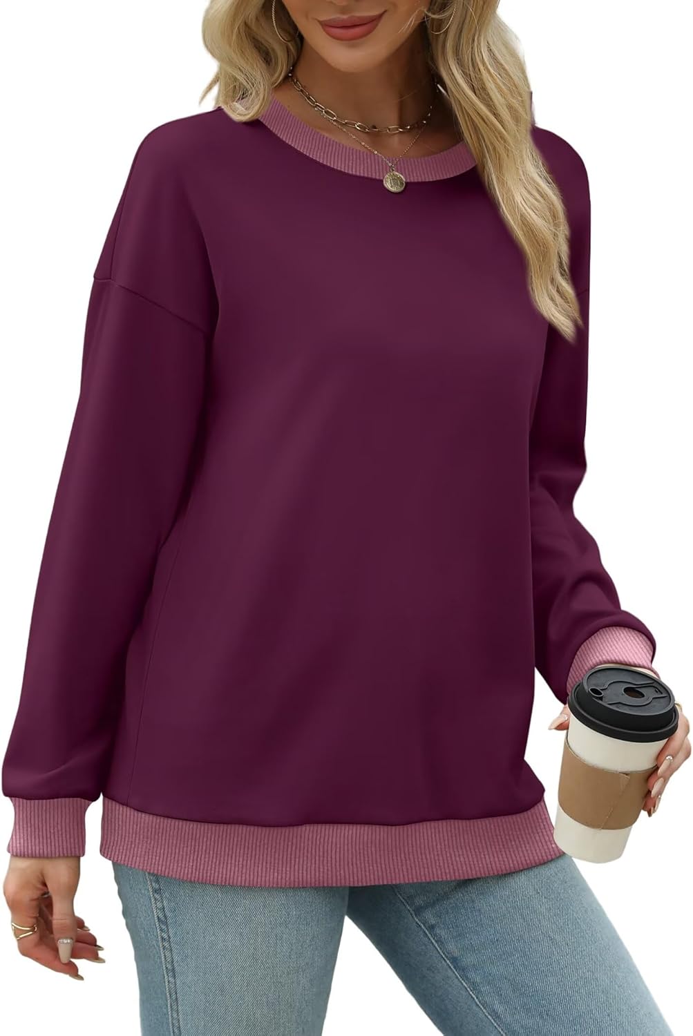 WIHOLL Sweatshirts for Women Crewneck Long Sleeve Loose Fit Sweaters Color Block Ribbed Trim Womens Tops Fall Fashion 2025