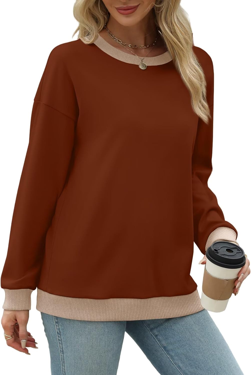 WIHOLL Sweatshirts for Women Crewneck Long Sleeve Loose Fit Sweaters Color Block Ribbed Trim Womens Tops Fall Fashion 2025