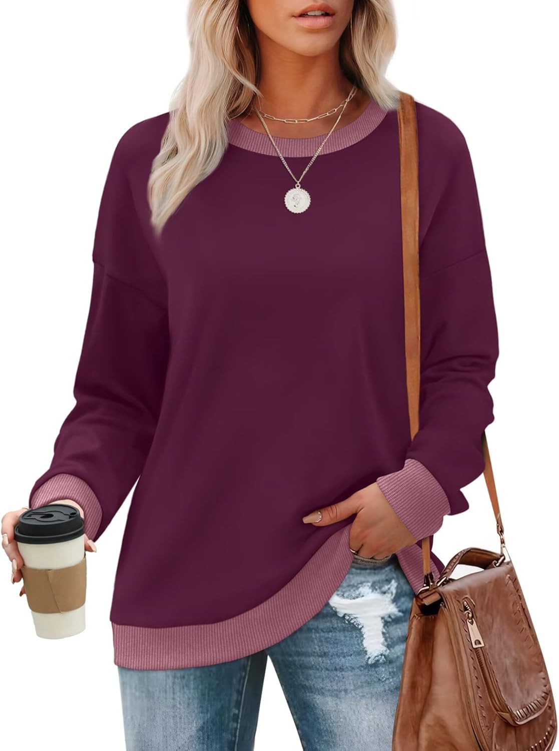WIHOLL Sweatshirts for Women Crewneck Long Sleeve Loose Fit Sweaters Color Block Ribbed Trim Womens Tops Fall Fashion 2025