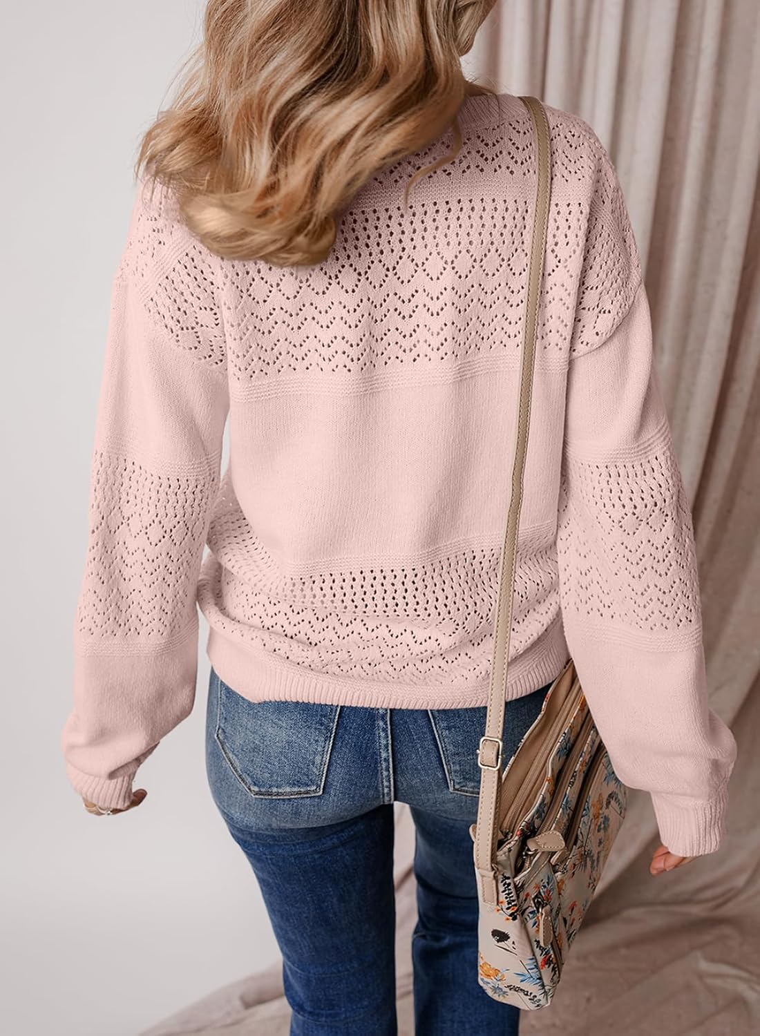 Womens Sweaters Causal Long Sleeve V Neck Lightweight Corchet Pullover Sweater Tops